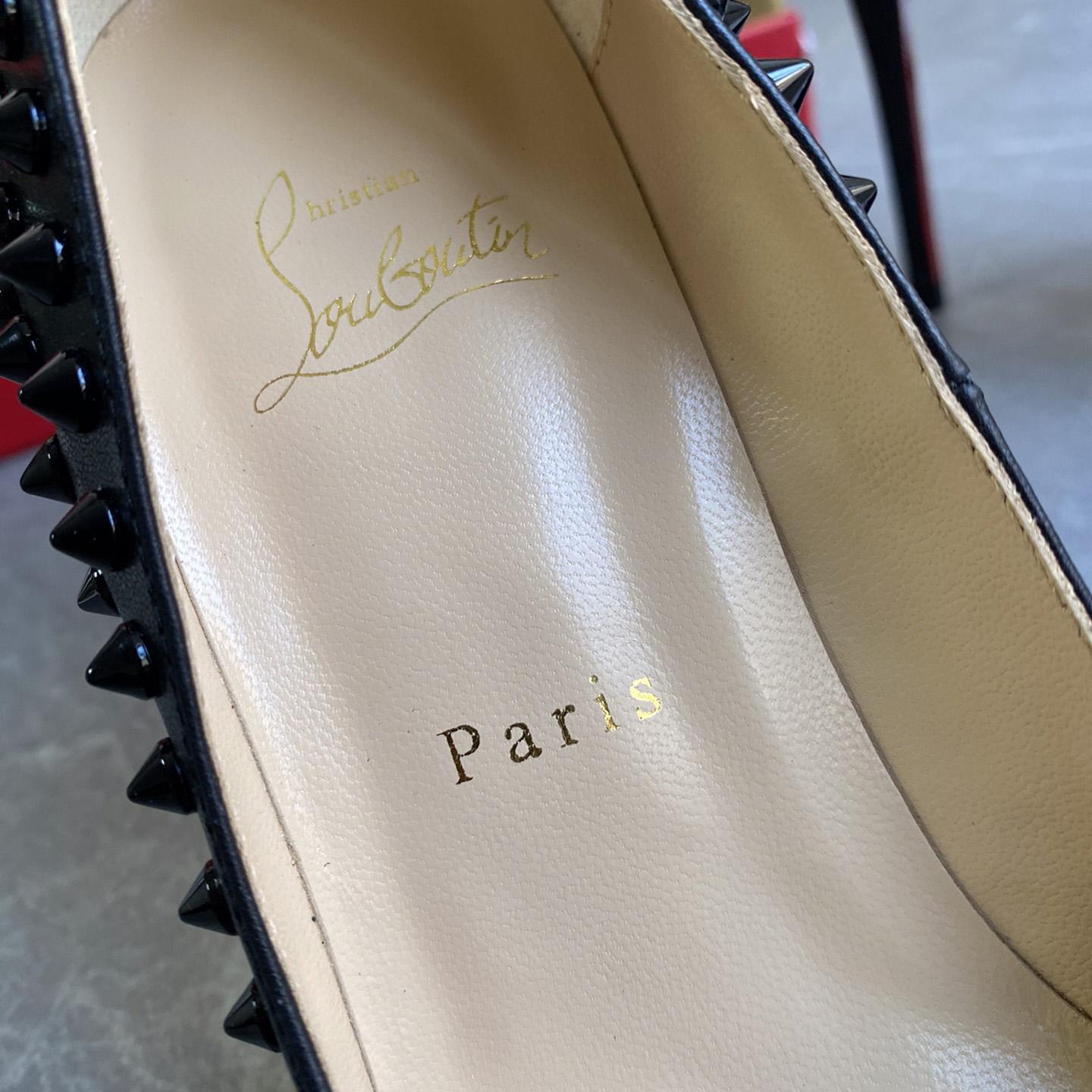 Christian Louboutin Black Patent Leather Pigalle Spikes Pumps   85mm - DopestKickz