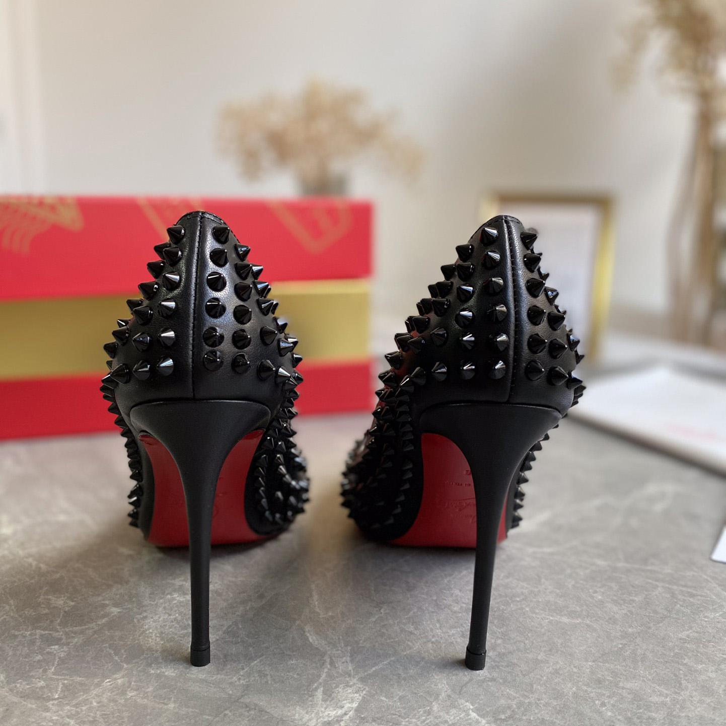 Christian Louboutin Black Patent Leather Pigalle Spikes Pumps   85mm - DopestKickz