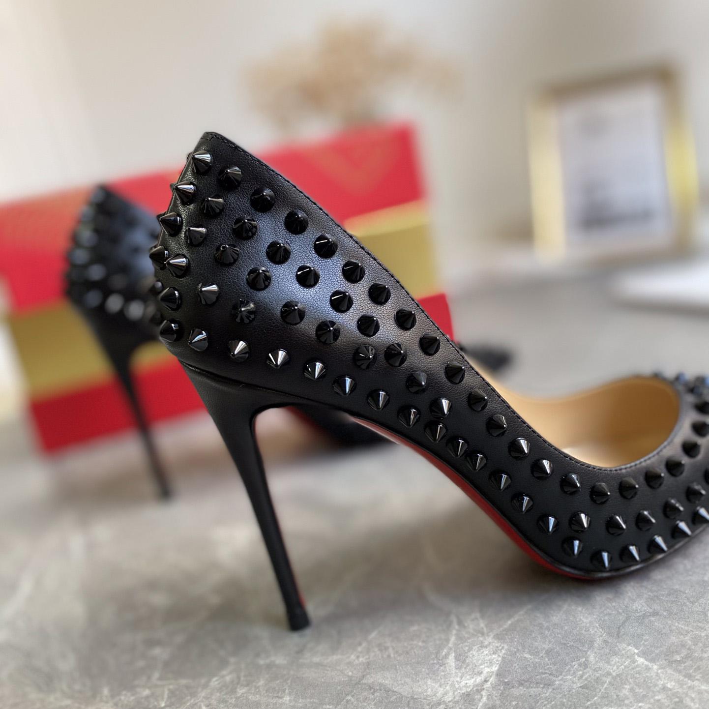 Christian Louboutin Black Patent Leather Pigalle Spikes Pumps   85mm - DopestKickz