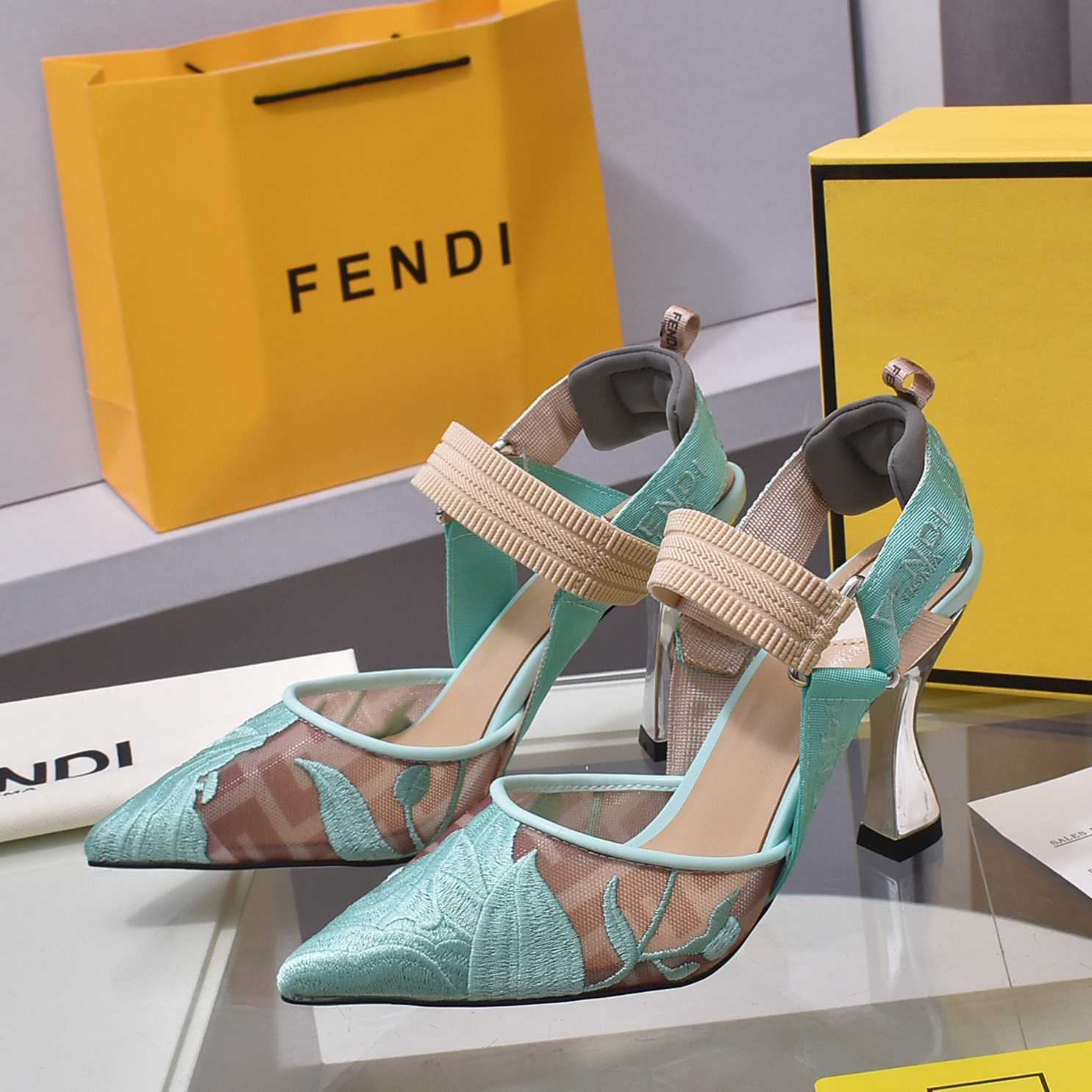 Fendi Colibrì Beige Mesh High-heeled Slingbacks - DopestKickz