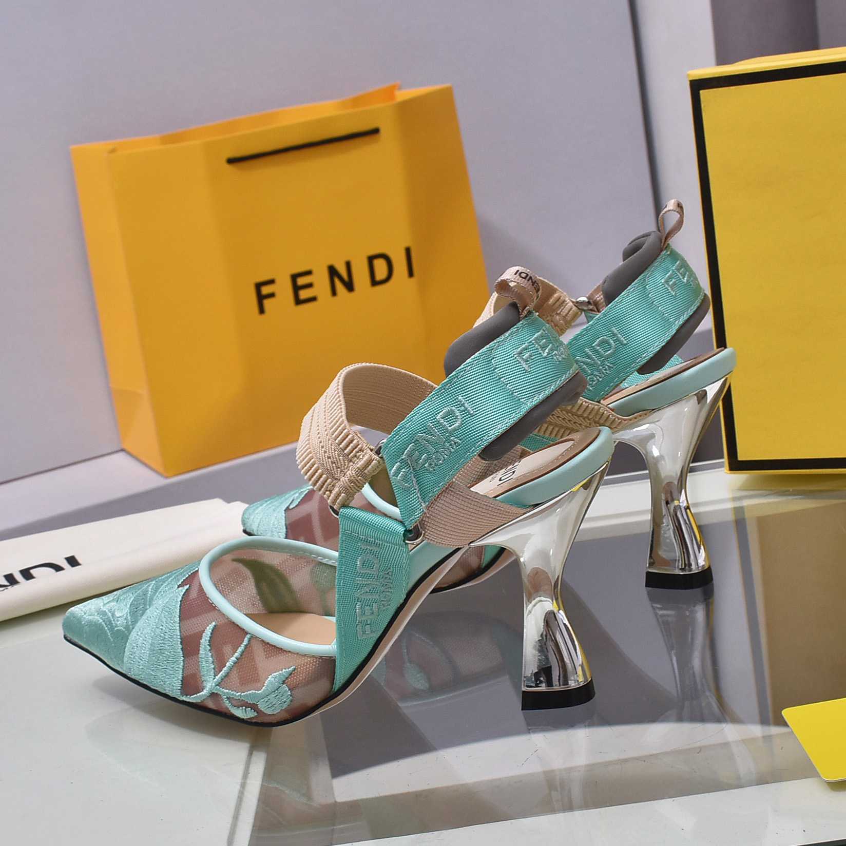 Fendi Colibrì Beige Mesh High-heeled Slingbacks - DopestKickz