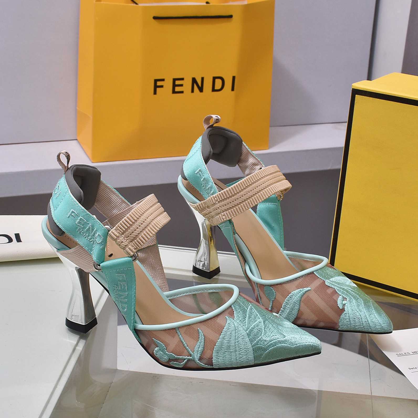 Fendi Colibrì Beige Mesh High-heeled Slingbacks - DopestKickz