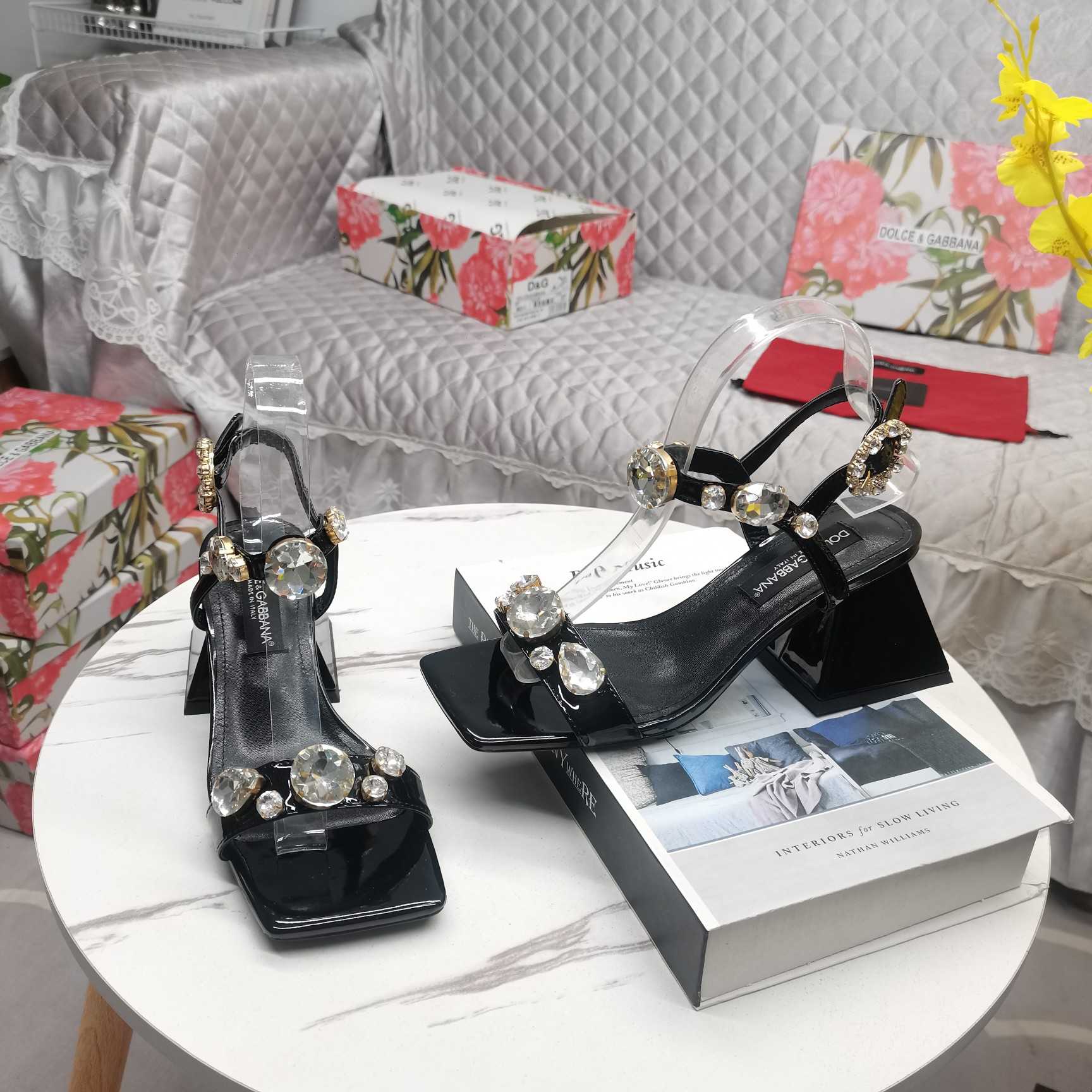 Dolce & Gabbana Polished Calfskin Sandals With Crystals - DopestKickz