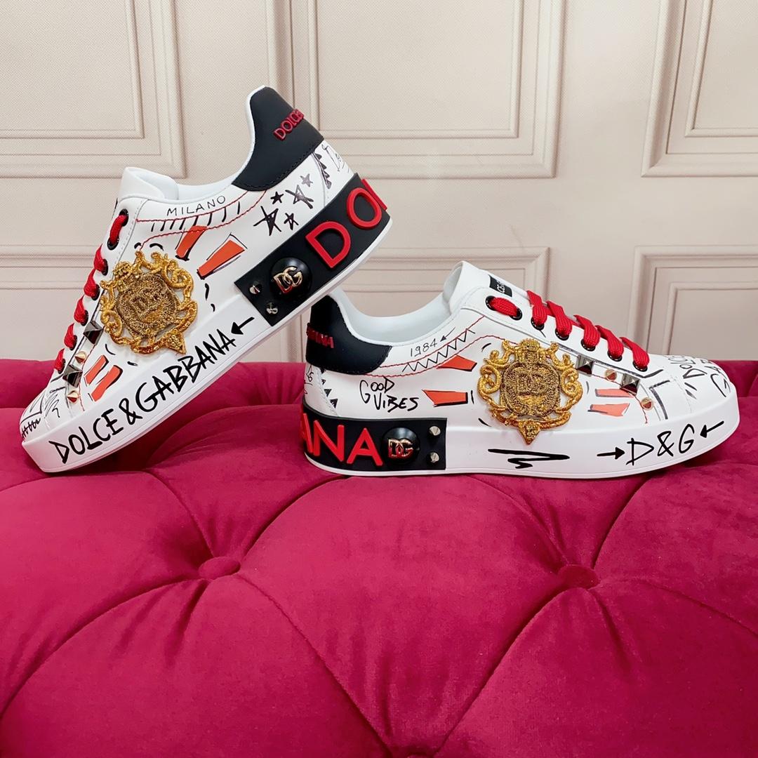Dolce & Gabbana Calfskin Portofino Sneakers With Embroidery And Studs - DopestKickz