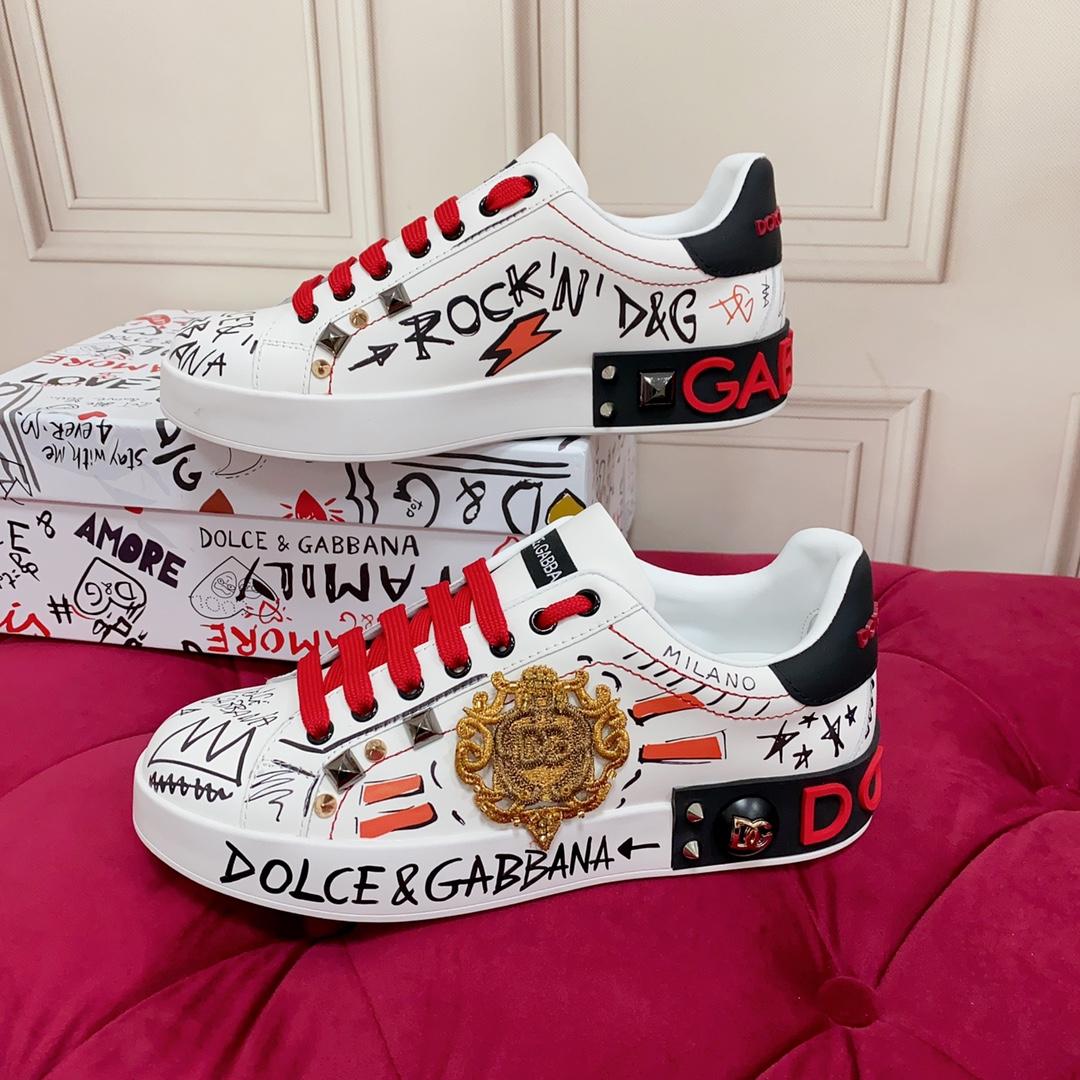 Dolce & Gabbana Calfskin Portofino Sneakers With Embroidery And Studs - DopestKickz