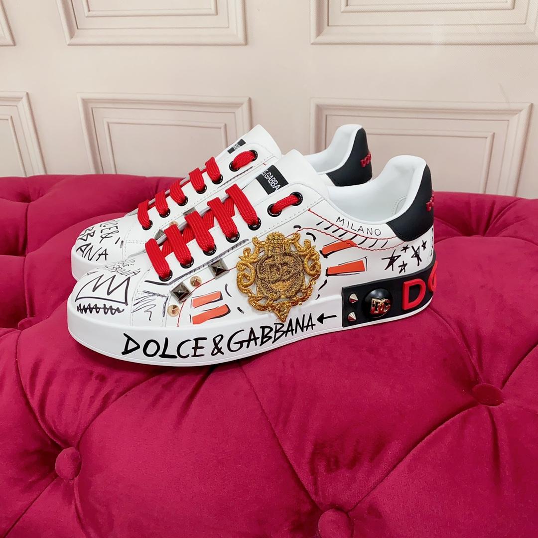 Dolce & Gabbana Calfskin Portofino Sneakers With Embroidery And Studs - DopestKickz