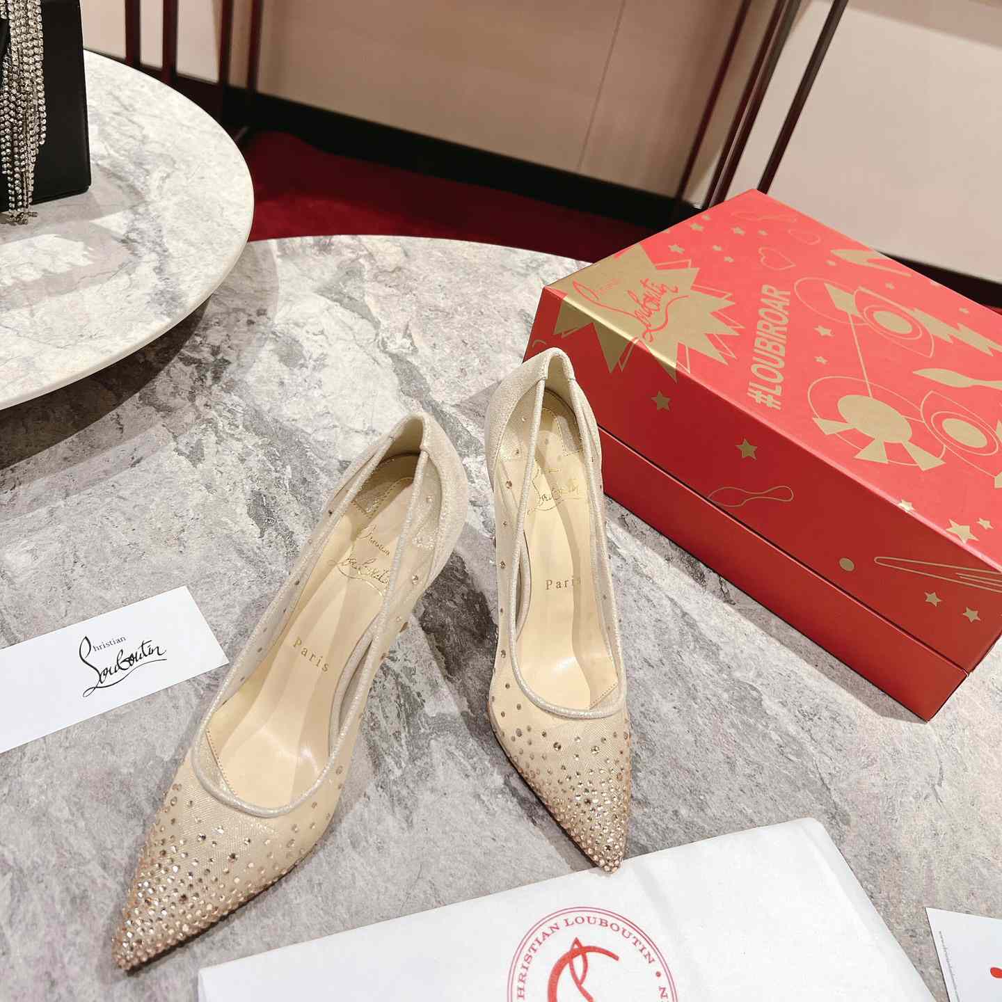 Christian Louboutin Follies Strass 85 mm Pumps - Irridescent Suede Calf, Net And Strass - Light Silk - DopestKickz