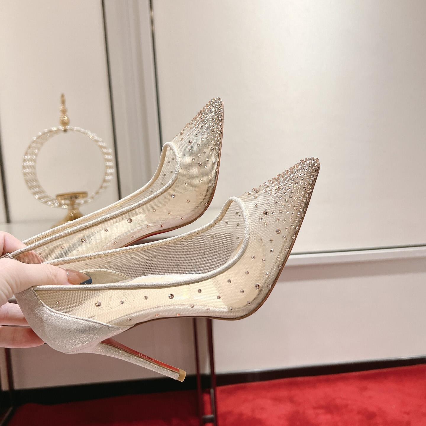 Christian Louboutin Follies Strass 85 mm Pumps - Irridescent Suede Calf, Net And Strass - Light Silk - DopestKickz