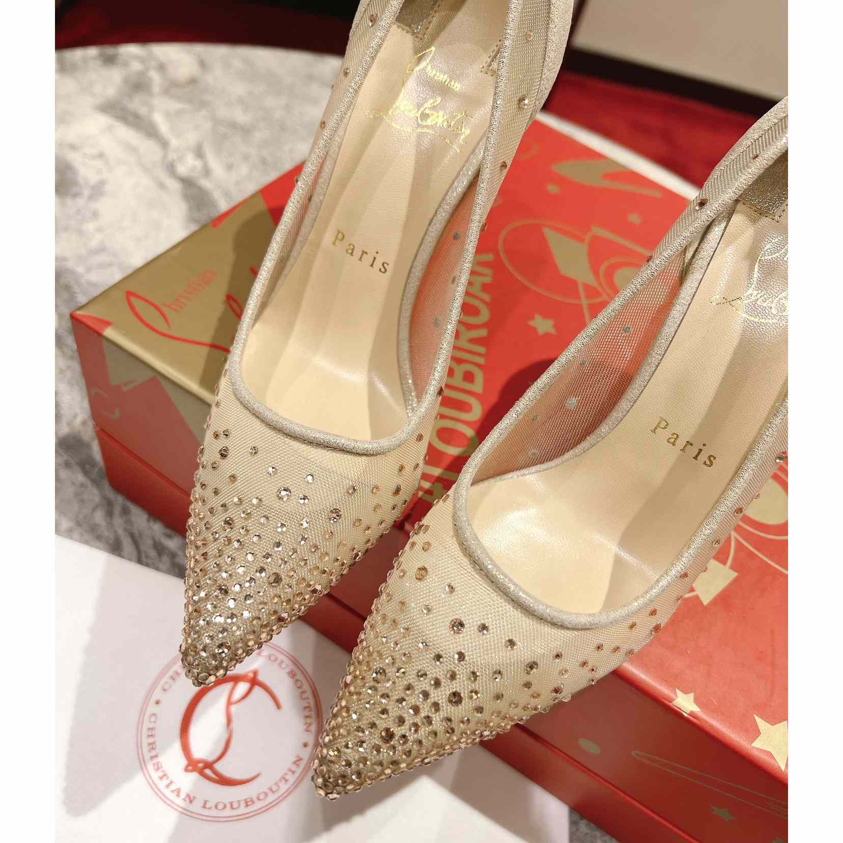 Christian Louboutin Follies Strass 85 mm Pumps - Irridescent Suede Calf, Net And Strass - Light Silk - DopestKickz