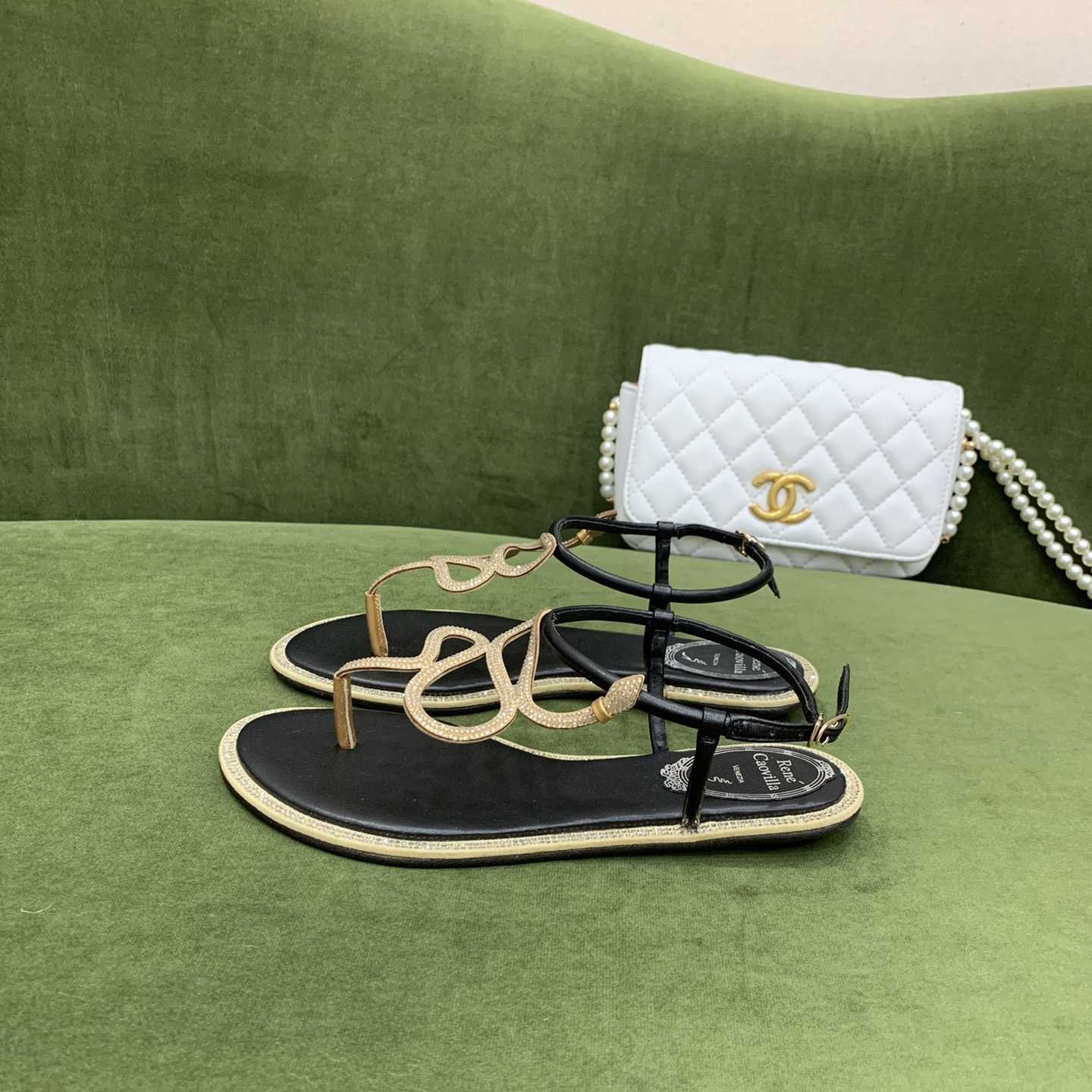 Rene Caovilla Snake Crystal Embellished Flat Sandals - DopestKickz