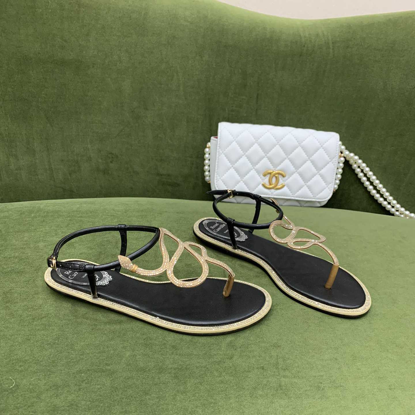 Rene Caovilla Snake Crystal Embellished Flat Sandals - DopestKickz