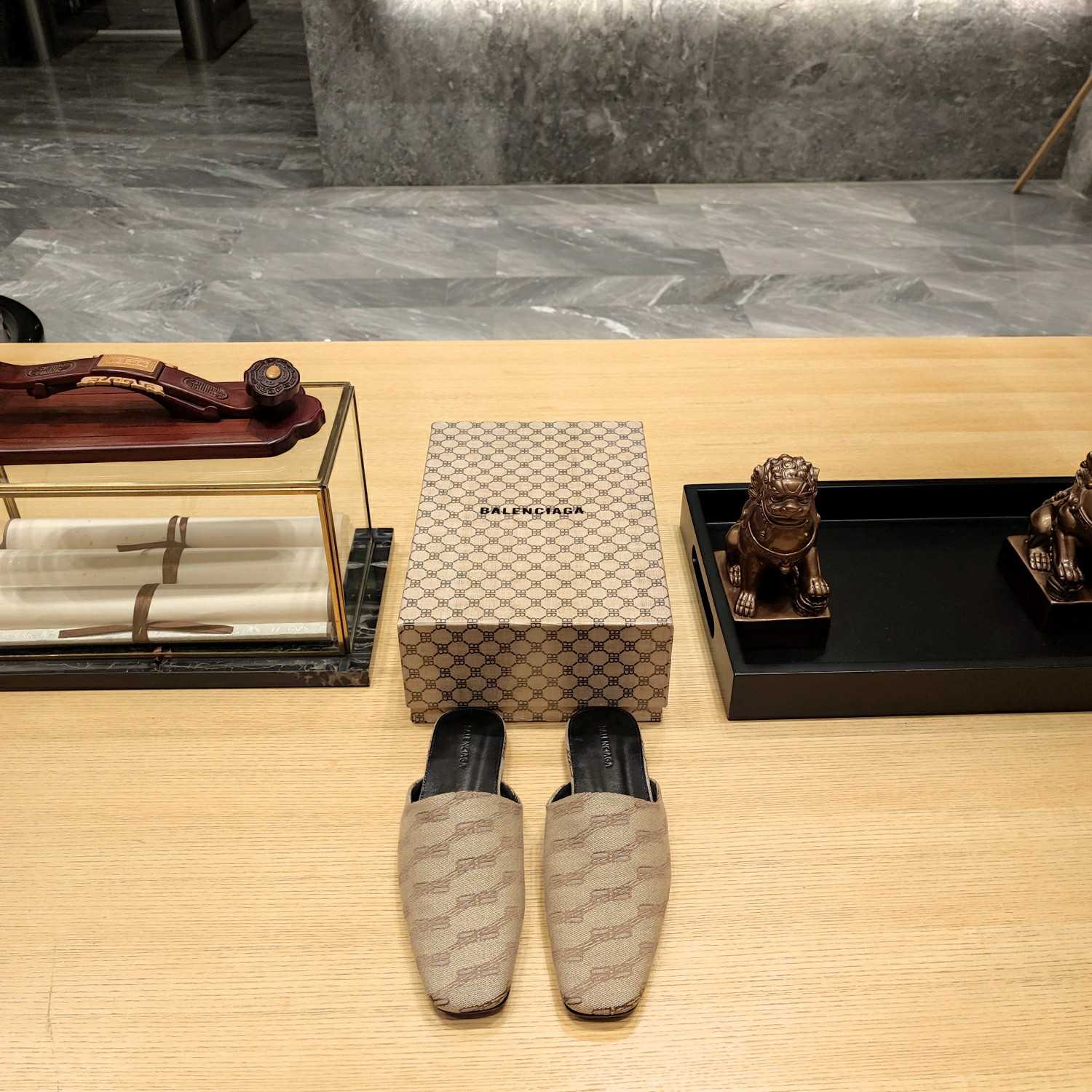 Balenciaga Women's Cosy Mule BB Monogram In Beige  - DopestKickz