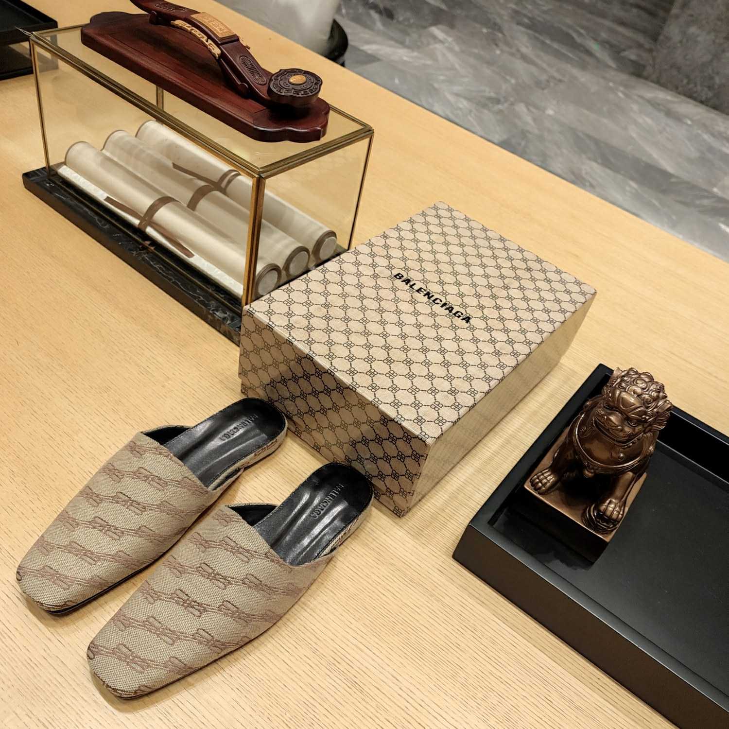 Balenciaga Women's Cosy Mule BB Monogram In Beige  - DopestKickz