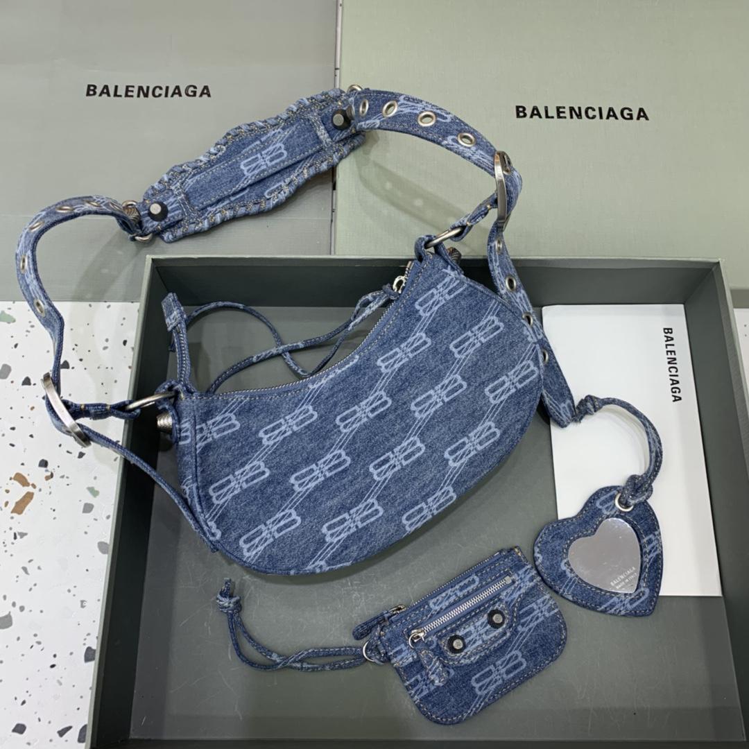 Balenciaga Le Cagole XS Shoulder Bag BB Monogram Bleached Denim In Blue   (26-12-6cm) - DopestKickz