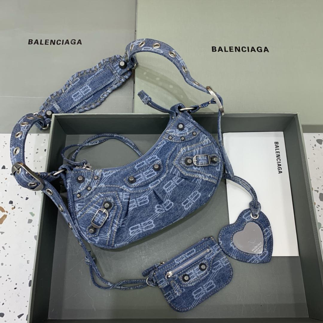 Balenciaga Le Cagole XS Shoulder Bag BB Monogram Bleached Denim In Blue   (26-12-6cm) - DopestKickz