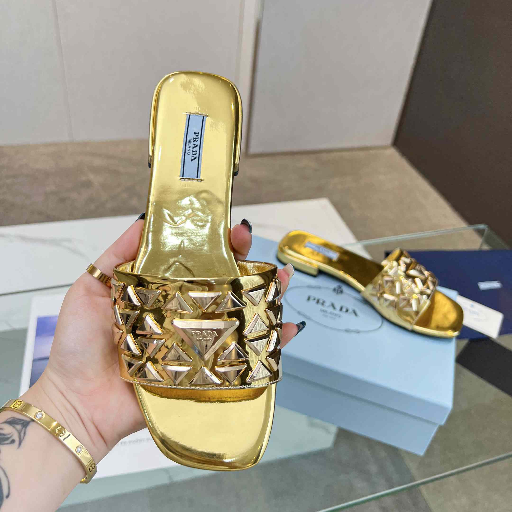 Prada Studded Metallic Leather Slides - DopestKickz