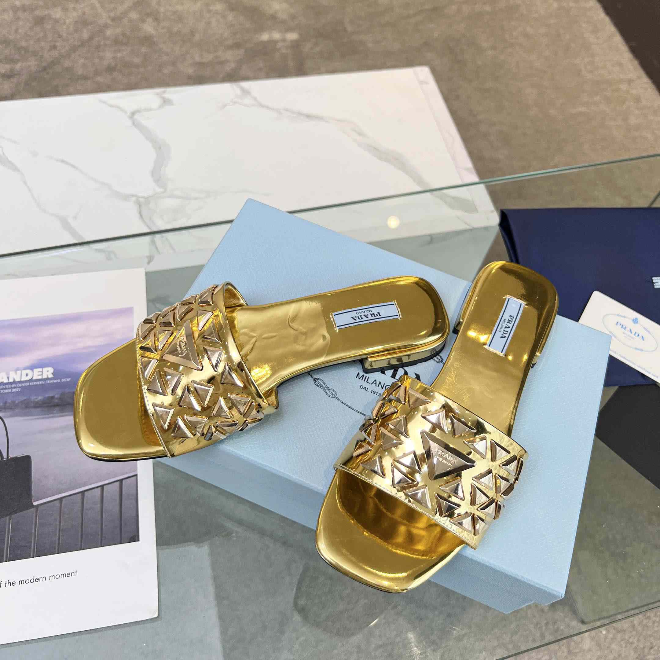Prada Studded Metallic Leather Slides - DopestKickz