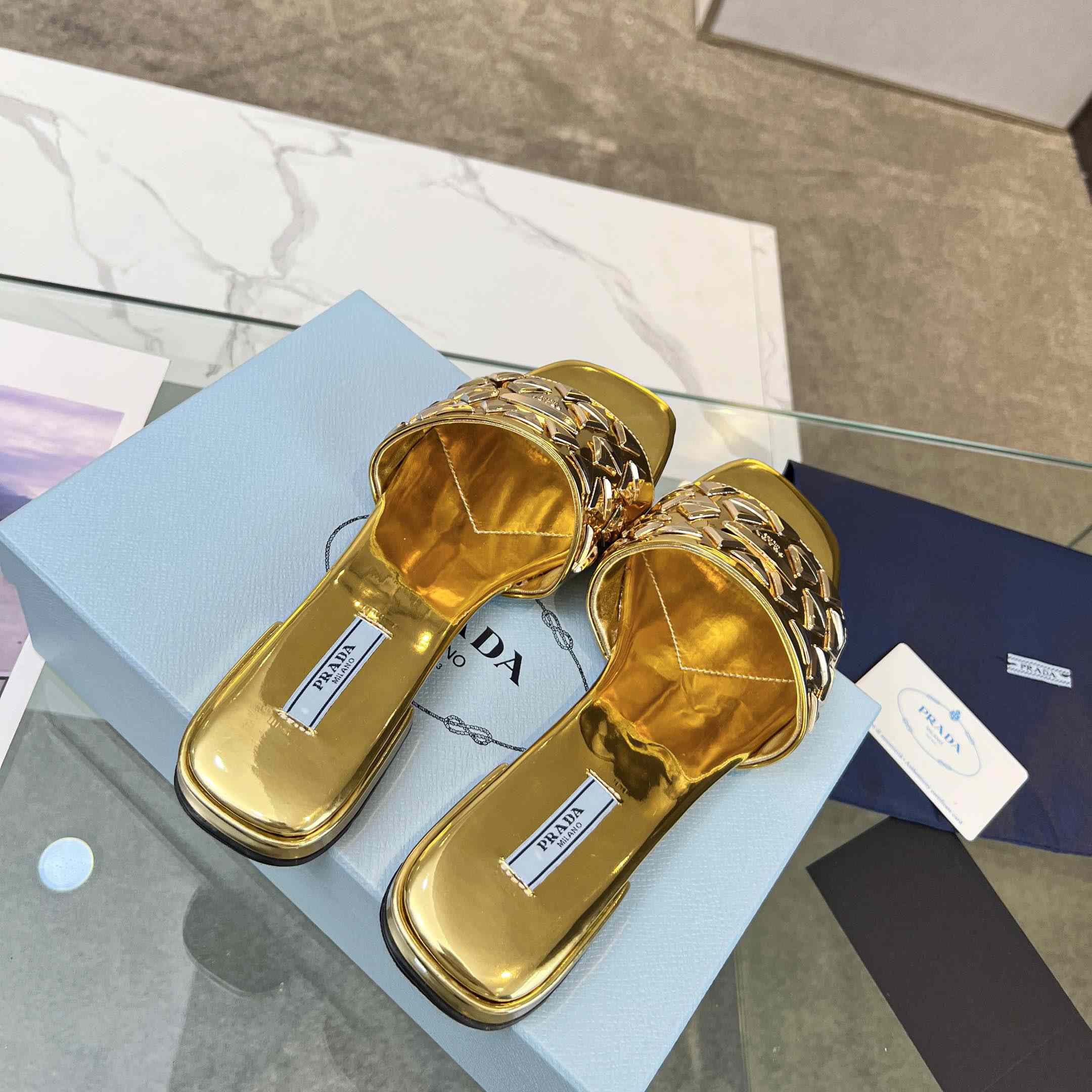 Prada Studded Metallic Leather Slides - DopestKickz