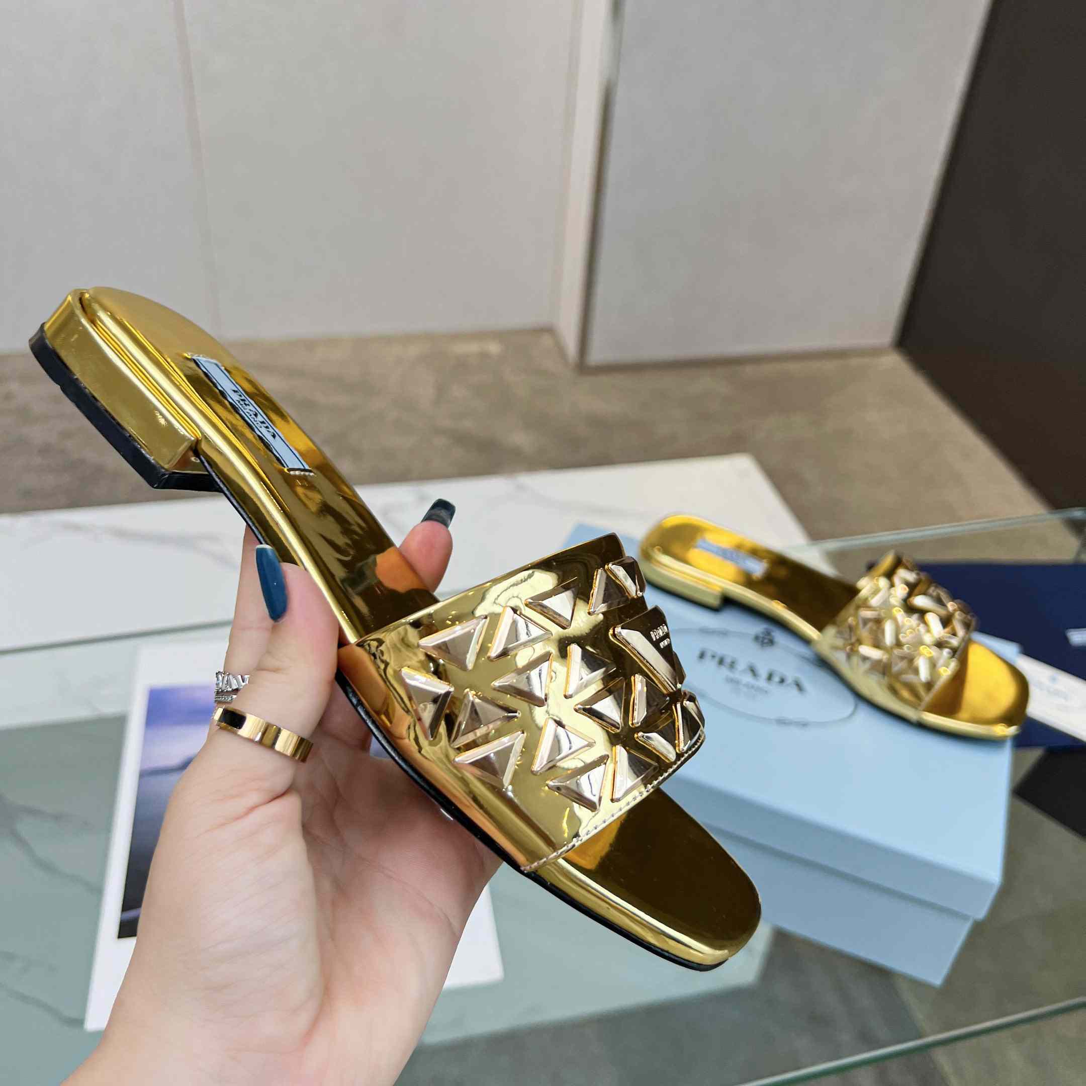 Prada Studded Metallic Leather Slides - DopestKickz