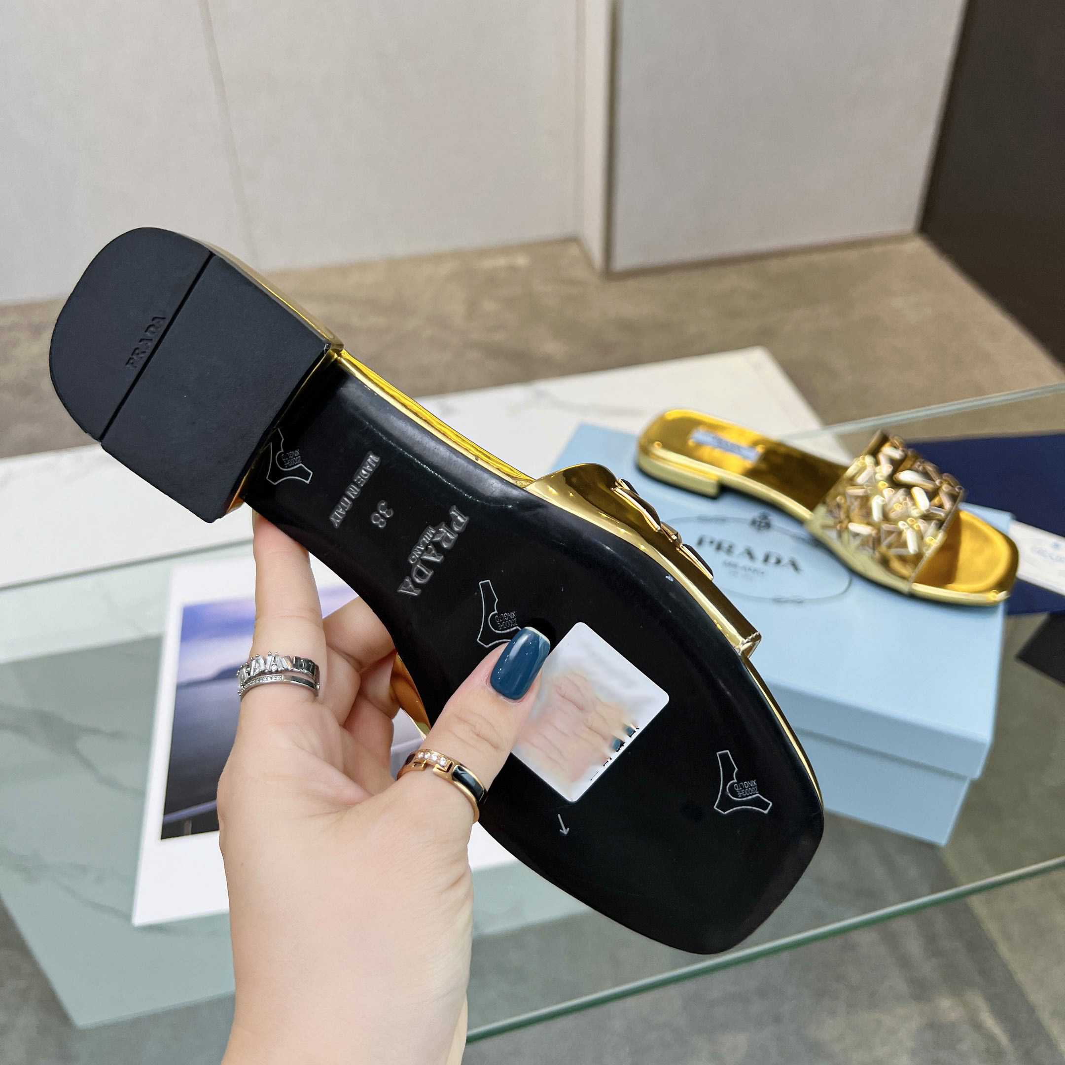 Prada Studded Metallic Leather Slides - DopestKickz