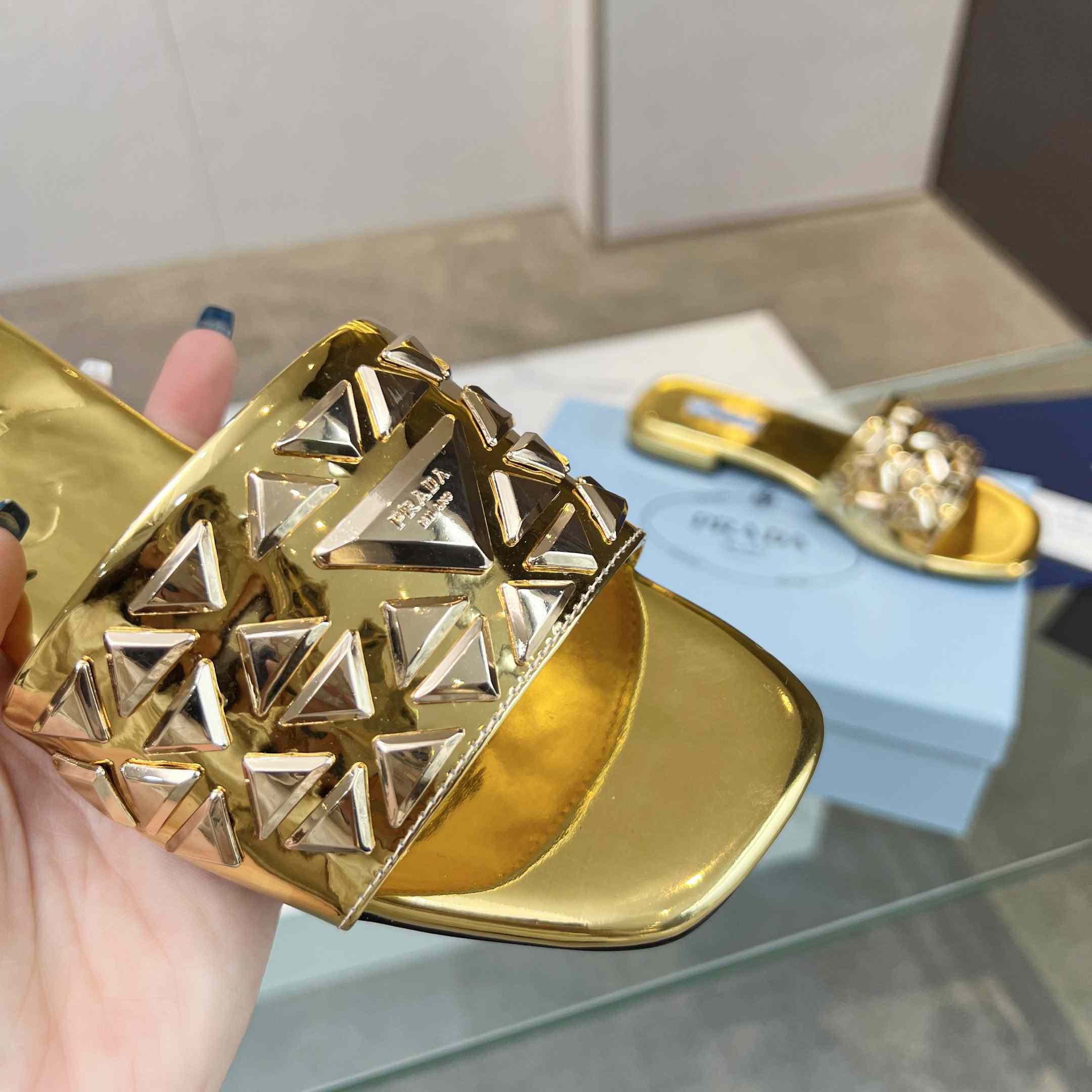 Prada Studded Metallic Leather Slides - DopestKickz