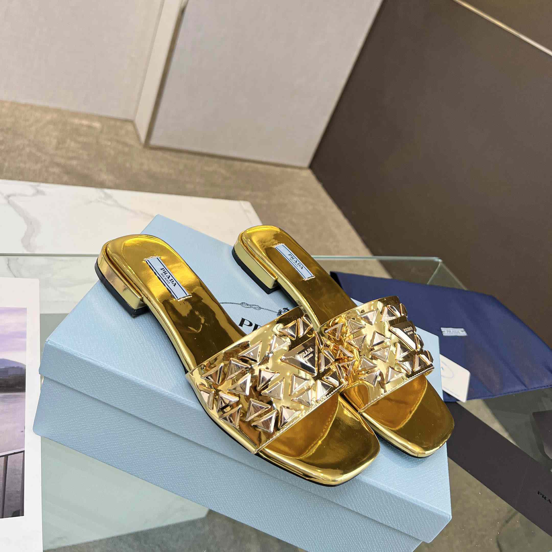 Prada Studded Metallic Leather Slides - DopestKickz