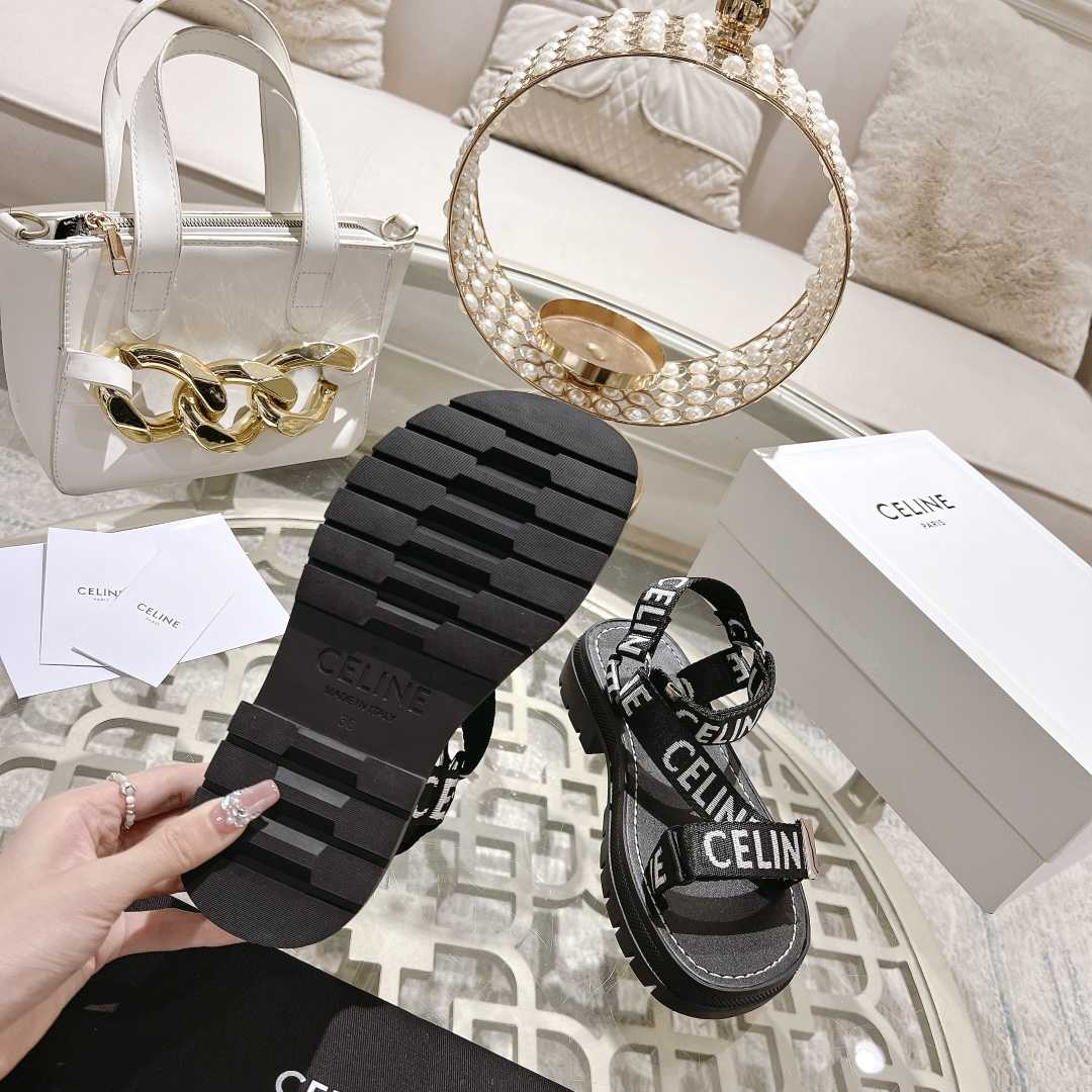 Celine Leo Strappy Sandal In With ''Celine'' Jacquard Black / White - DopestKickz