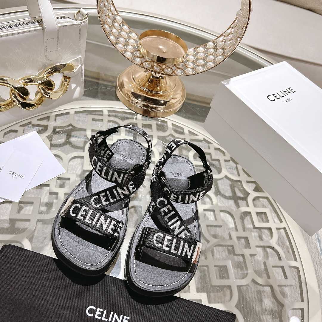 Celine Leo Strappy Sandal In With ''Celine'' Jacquard Black / White - DopestKickz