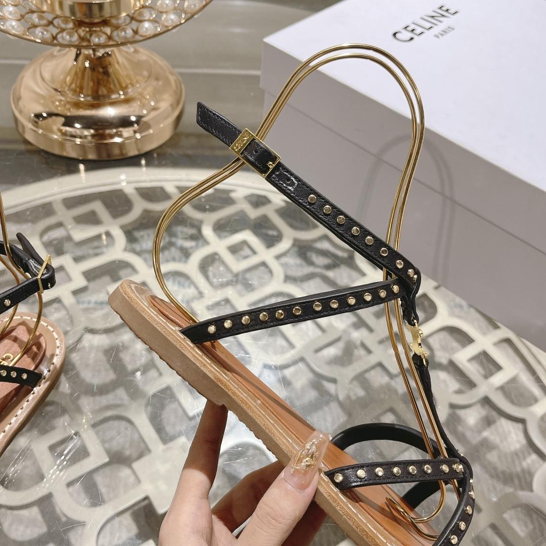 Celine Taillat Flat Sandal With Studs In Calfskin - Vegetal Tanning & Studs Black - DopestKickz