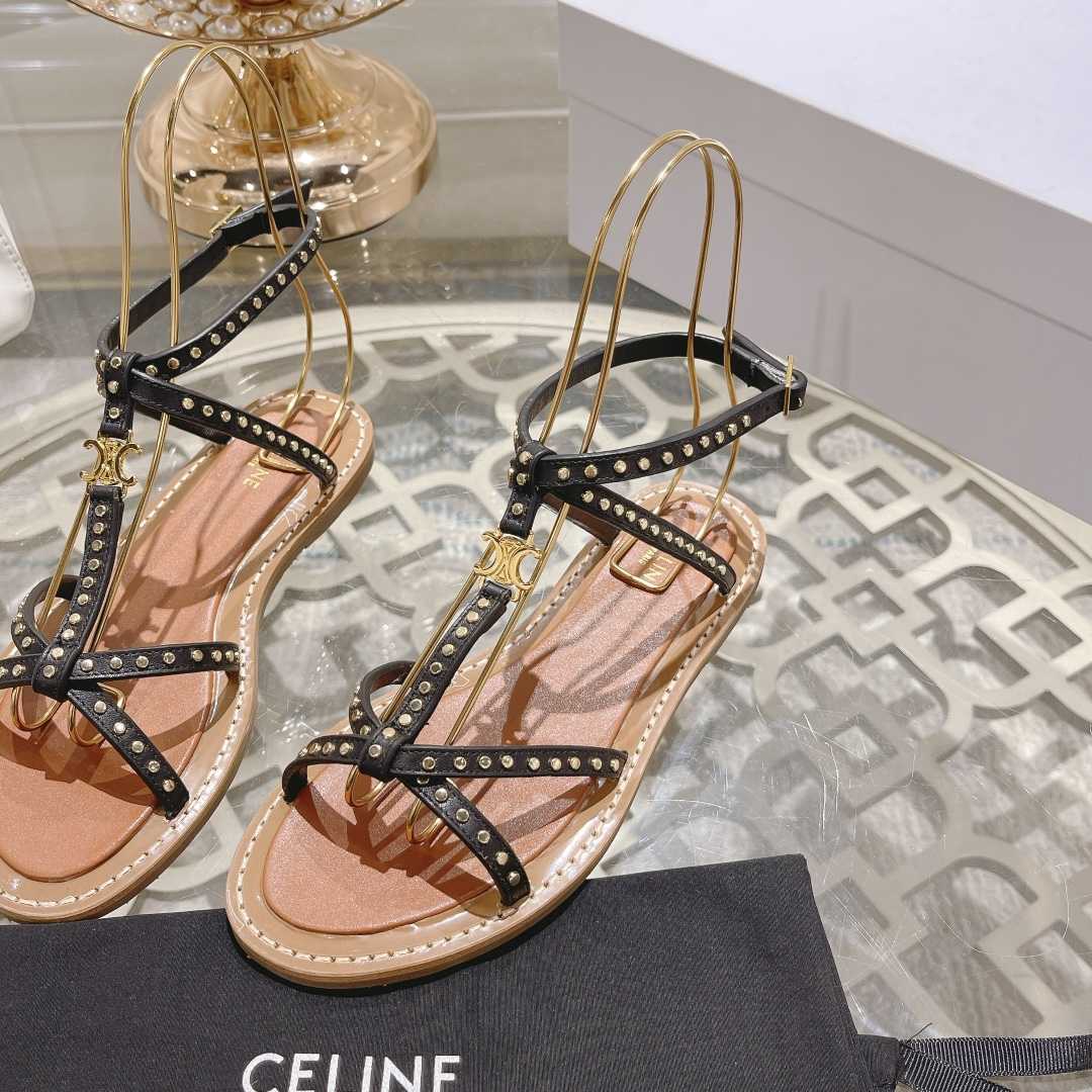 Celine Taillat Flat Sandal With Studs In Calfskin - Vegetal Tanning & Studs Black - DopestKickz