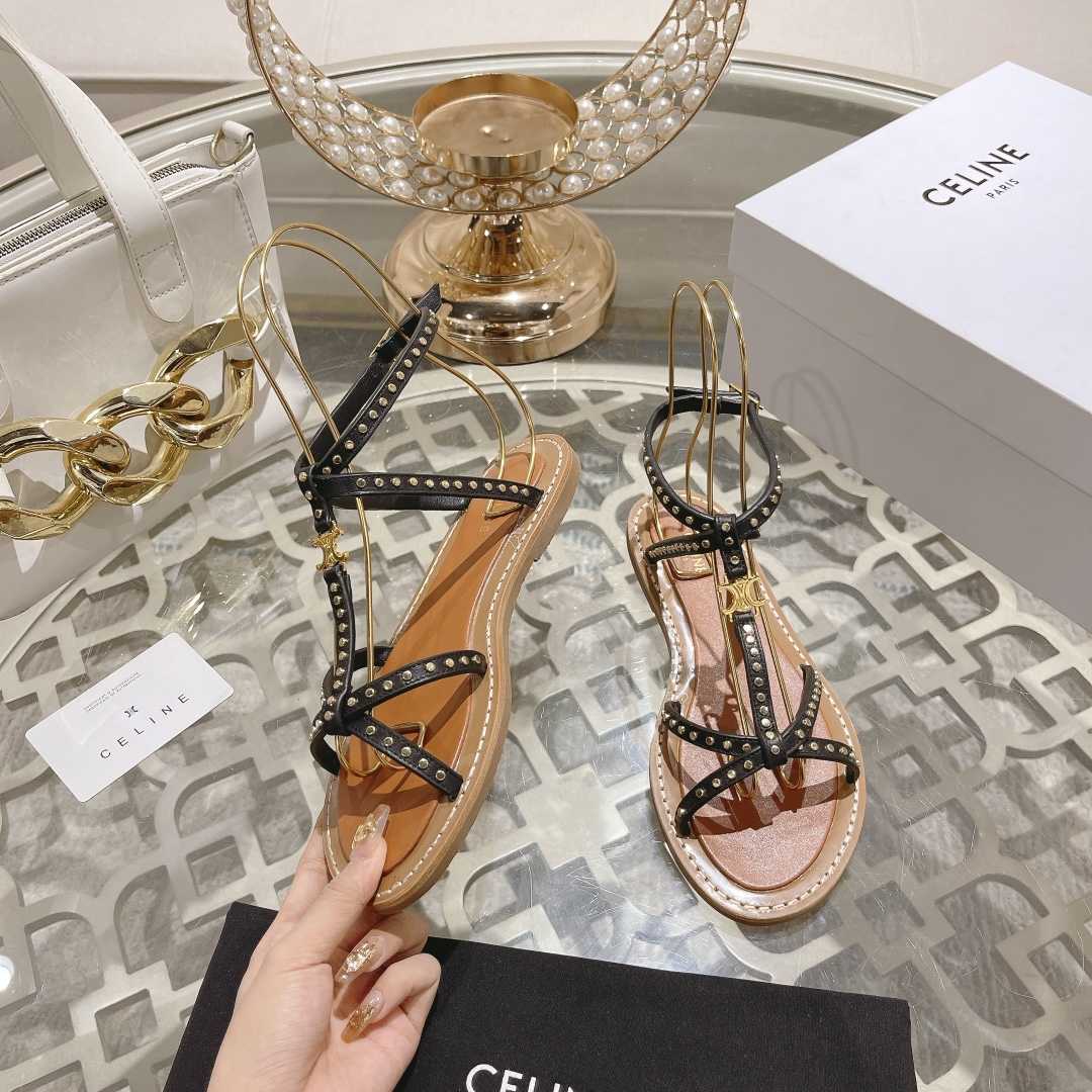 Celine Taillat Flat Sandal With Studs In Calfskin - Vegetal Tanning & Studs Black - DopestKickz