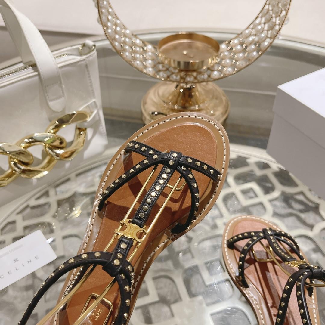 Celine Taillat Flat Sandal With Studs In Calfskin - Vegetal Tanning & Studs Black - DopestKickz