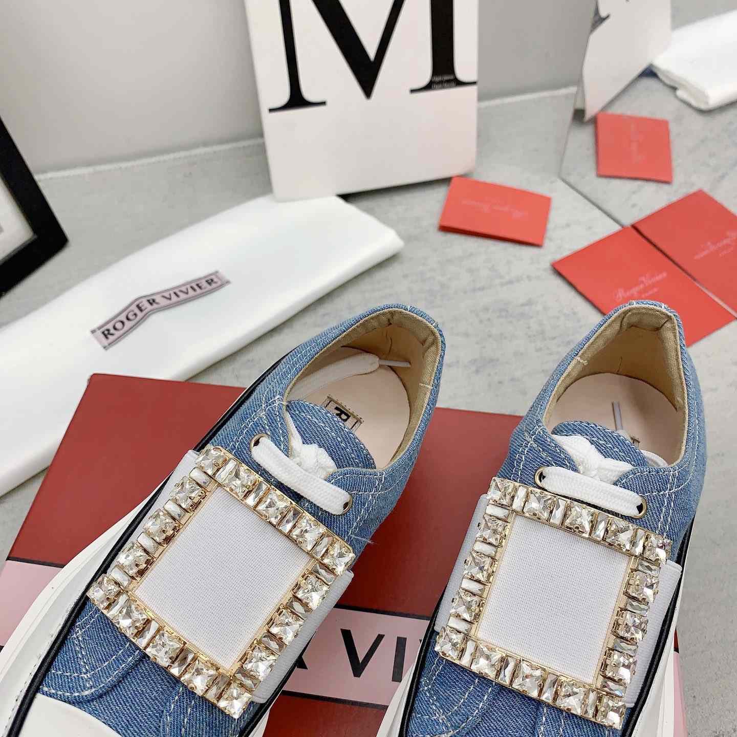 Roger Vivier Viv' Go-Thick Strass Buckle Slip-on Sneakers In Denim - DopestKickz