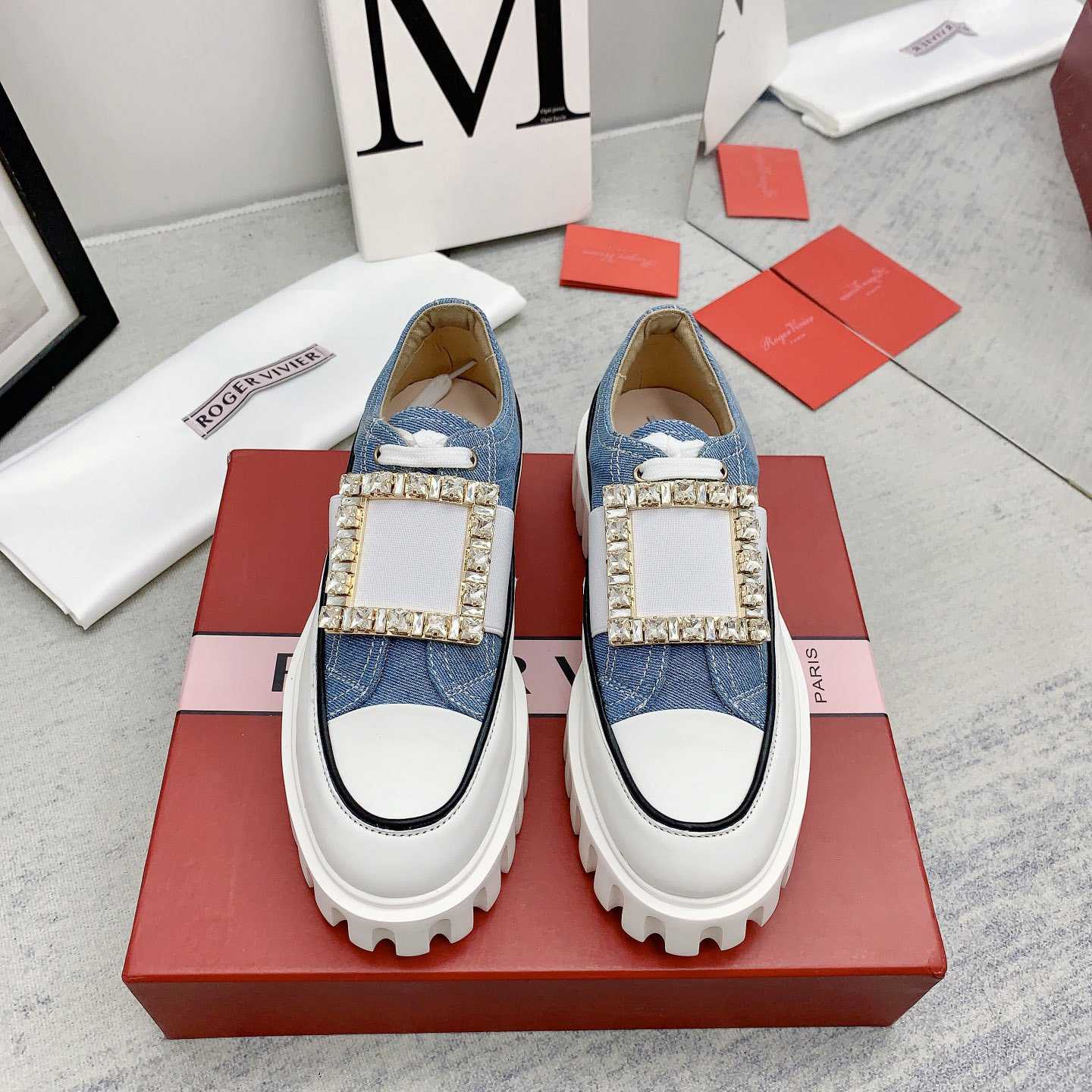 Roger Vivier Viv' Go-Thick Strass Buckle Slip-on Sneakers In Denim - DopestKickz