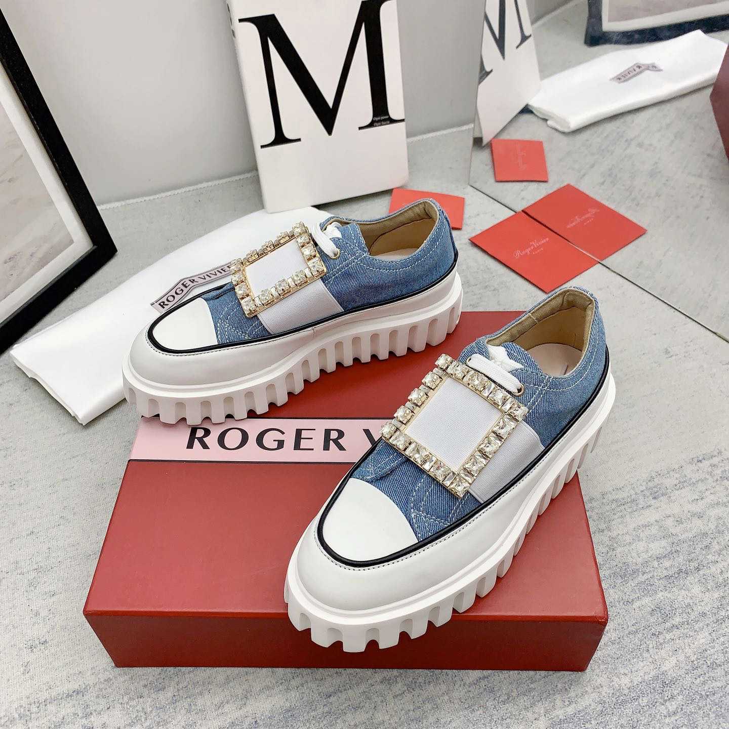 Roger Vivier Viv' Go-Thick Strass Buckle Slip-on Sneakers In Denim - DopestKickz