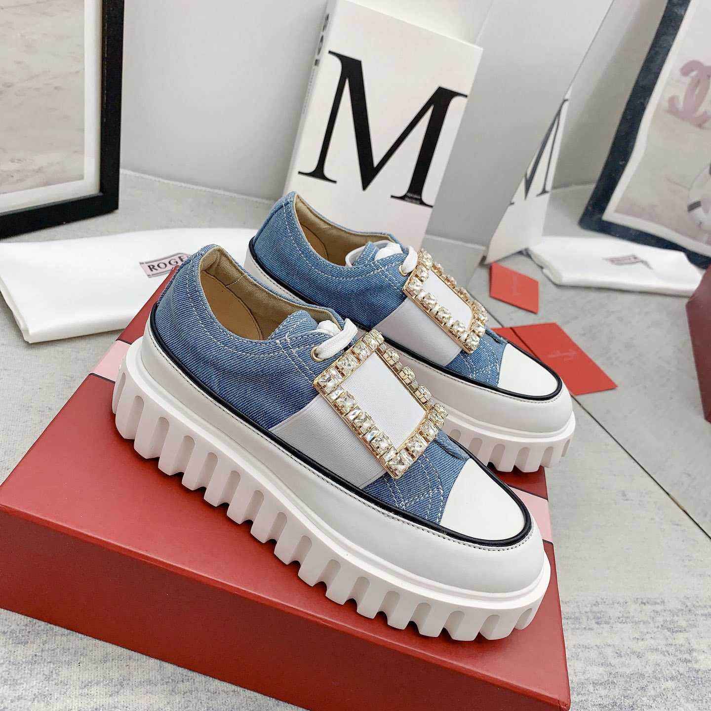 Roger Vivier Viv' Go-Thick Strass Buckle Slip-on Sneakers In Denim - DopestKickz