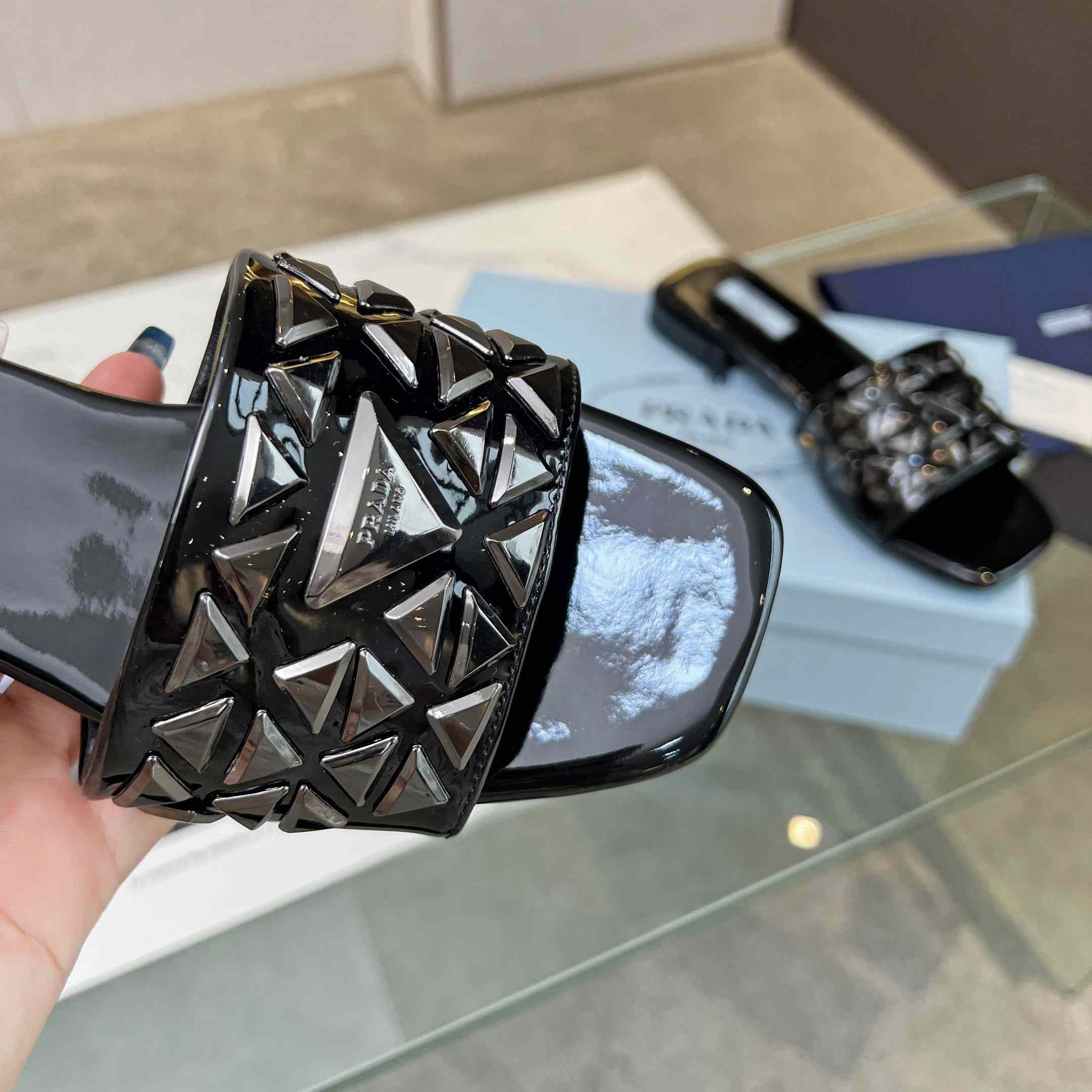 Prada Studded Metallic Leather Slides - DopestKickz