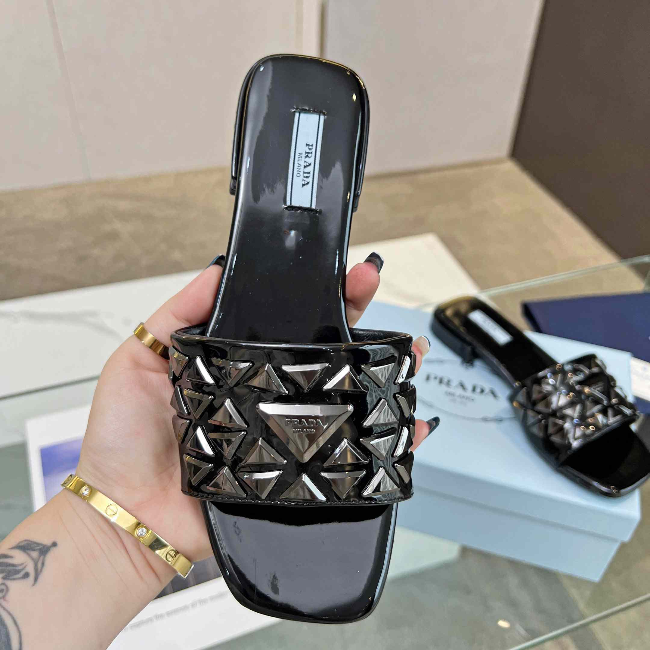 Prada Studded Metallic Leather Slides - DopestKickz