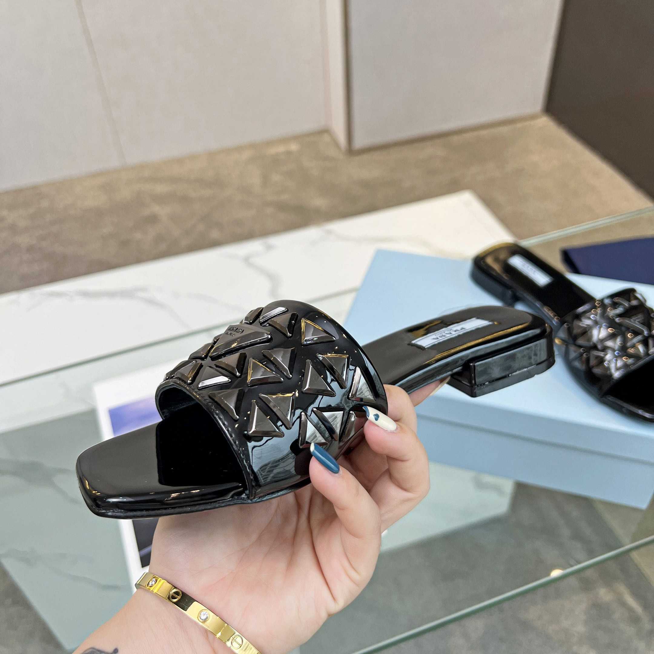 Prada Studded Metallic Leather Slides - DopestKickz