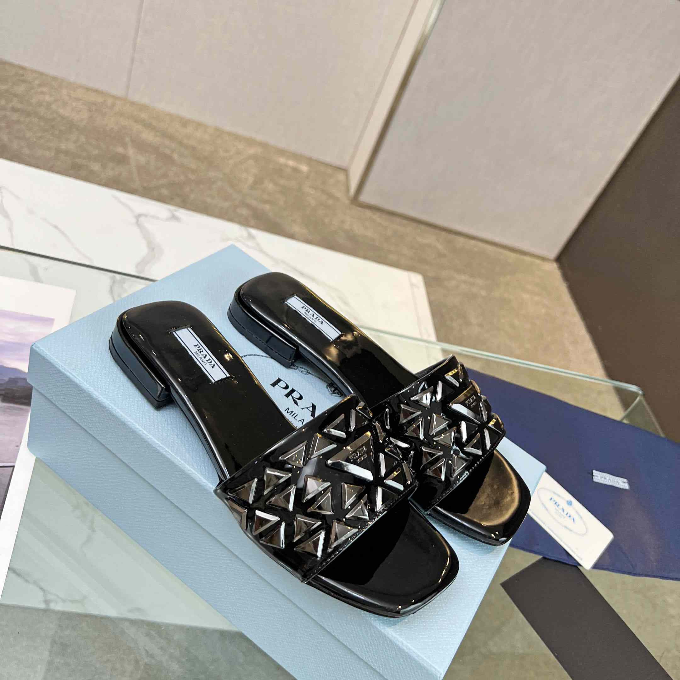 Prada Studded Metallic Leather Slides - DopestKickz
