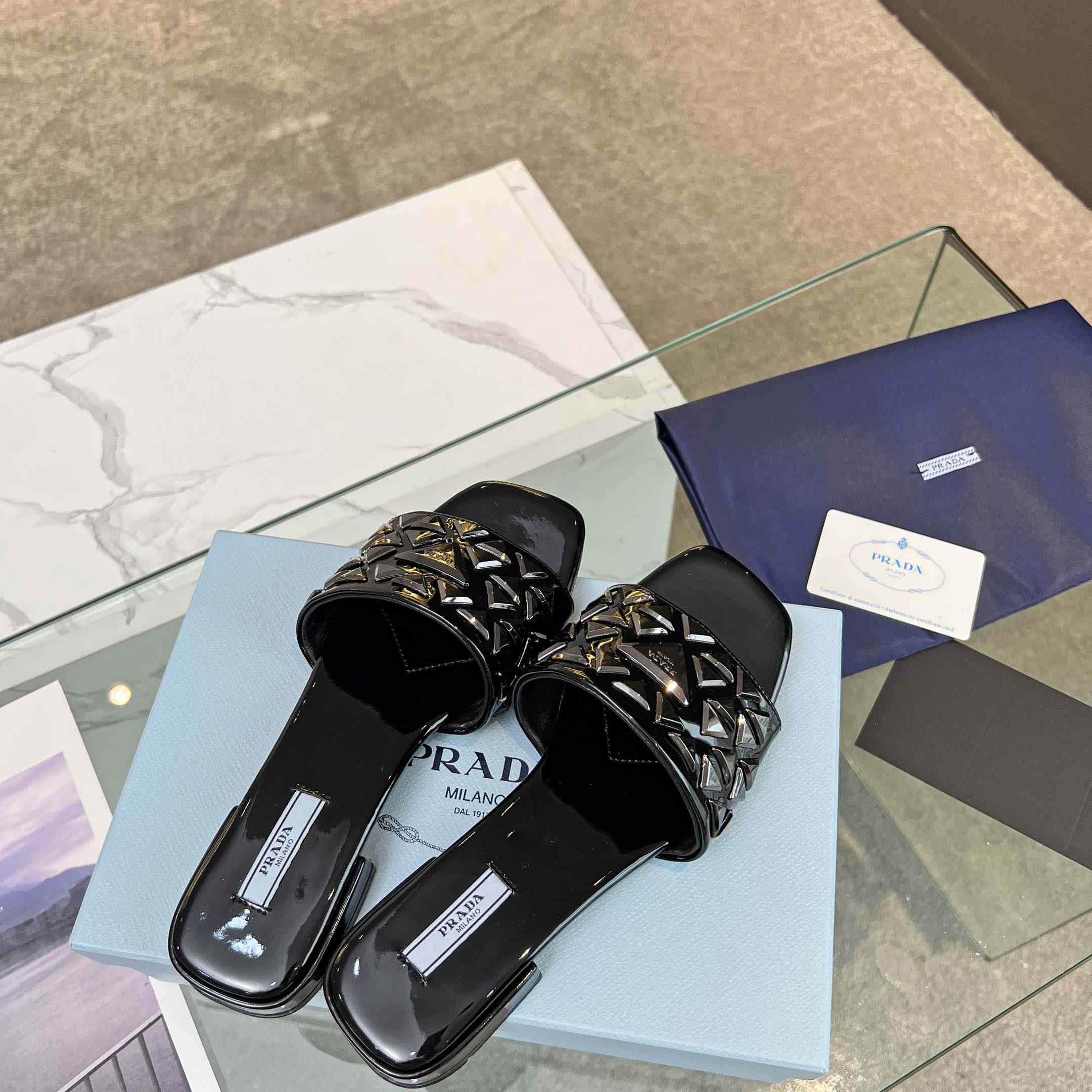 Prada Studded Metallic Leather Slides - DopestKickz
