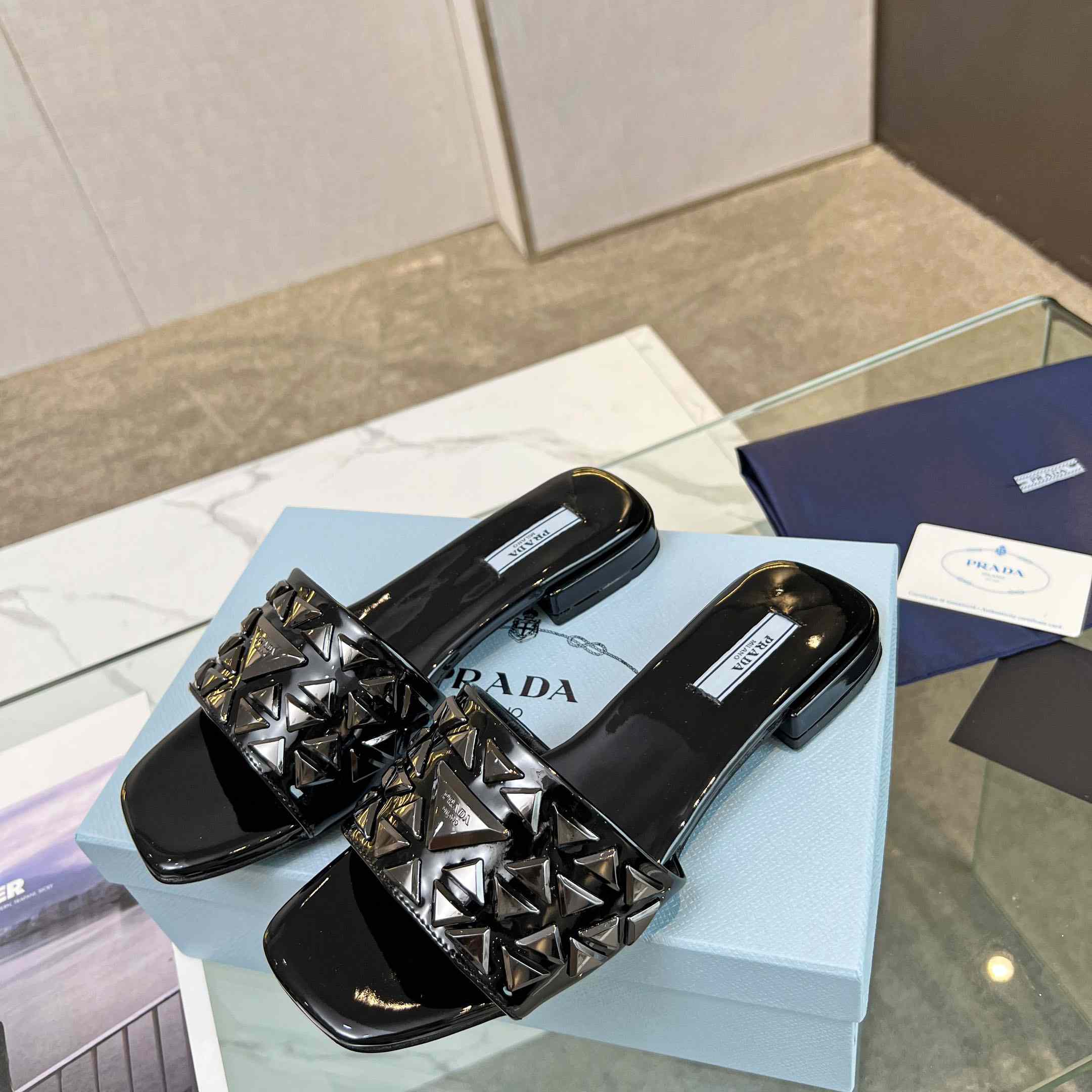 Prada Studded Metallic Leather Slides - DopestKickz