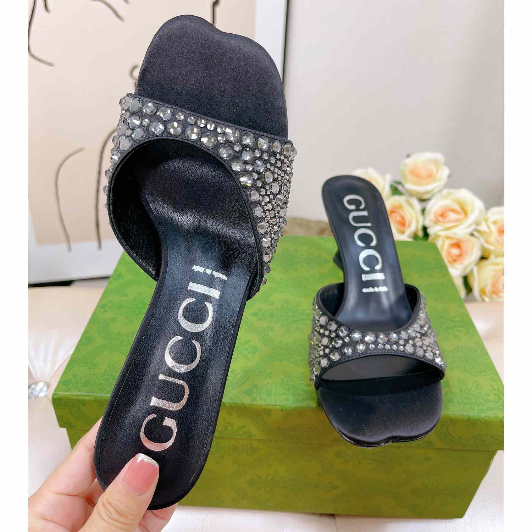 Gucci Women's Slide Sandal With Crystals - DopestKickz