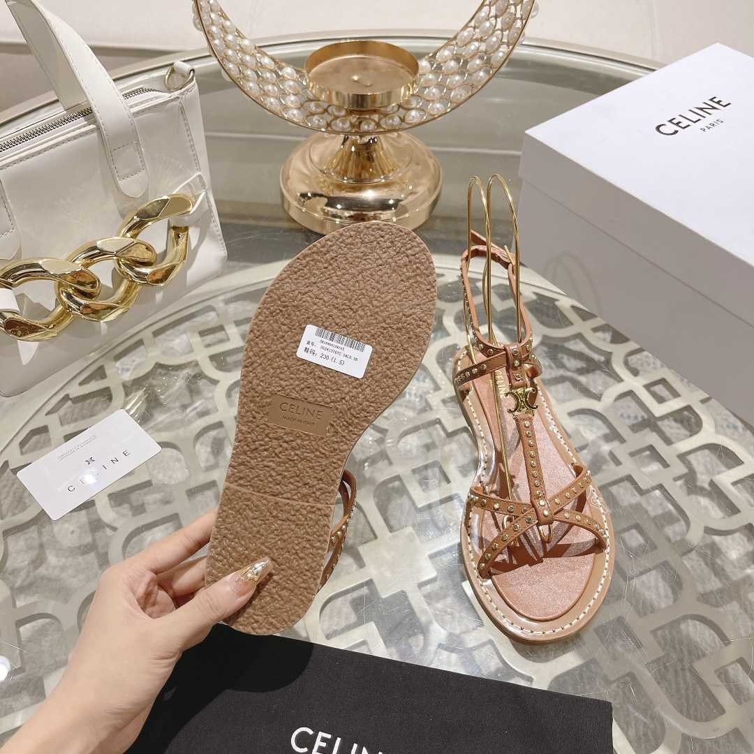 Celine Taillat Flat Sandal With Studs In Calfskin - Vegetal Tanning & Studs Tan - DopestKickz