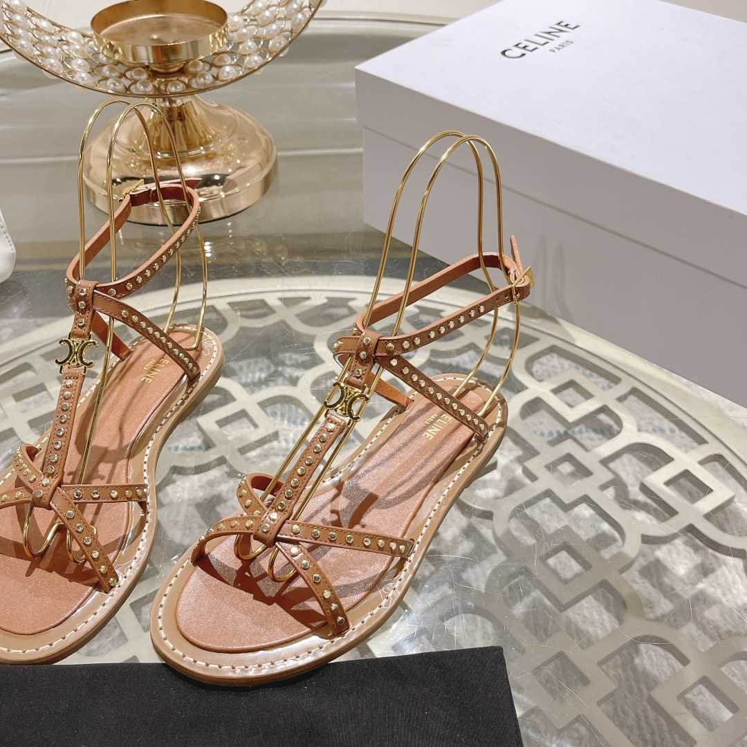 Celine Taillat Flat Sandal With Studs In Calfskin - Vegetal Tanning & Studs Tan - DopestKickz