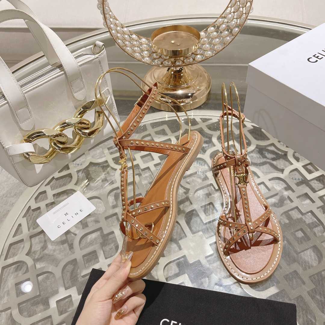 Celine Taillat Flat Sandal With Studs In Calfskin - Vegetal Tanning & Studs Tan - DopestKickz