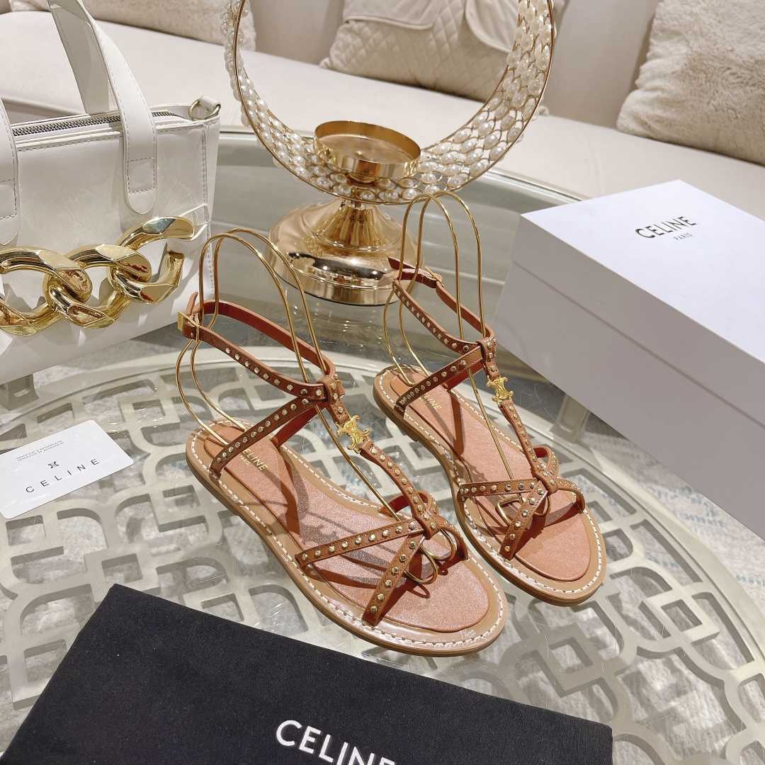 Celine Taillat Flat Sandal With Studs In Calfskin - Vegetal Tanning & Studs Tan - DopestKickz