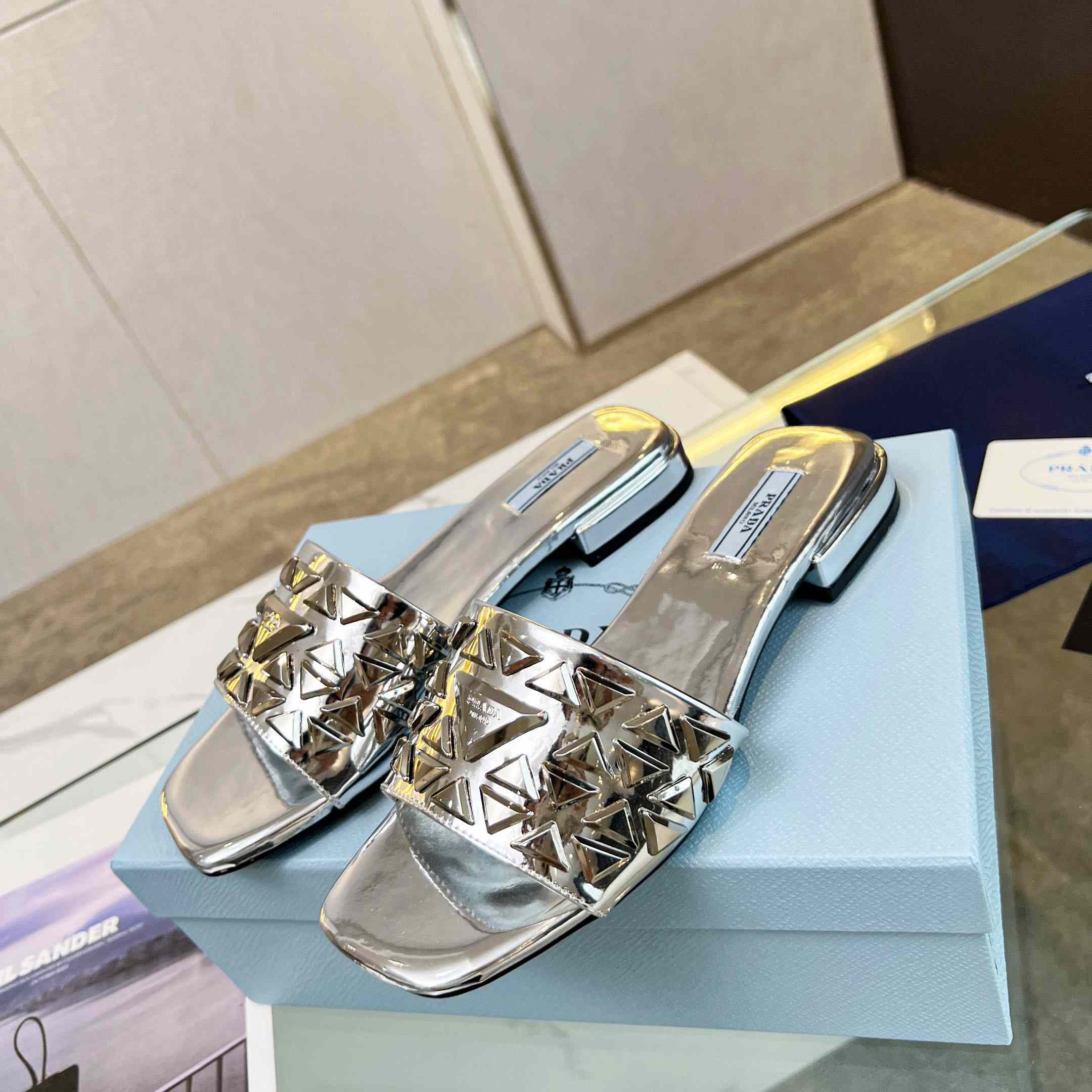 Prada Studded Metallic Leather Slides - DopestKickz