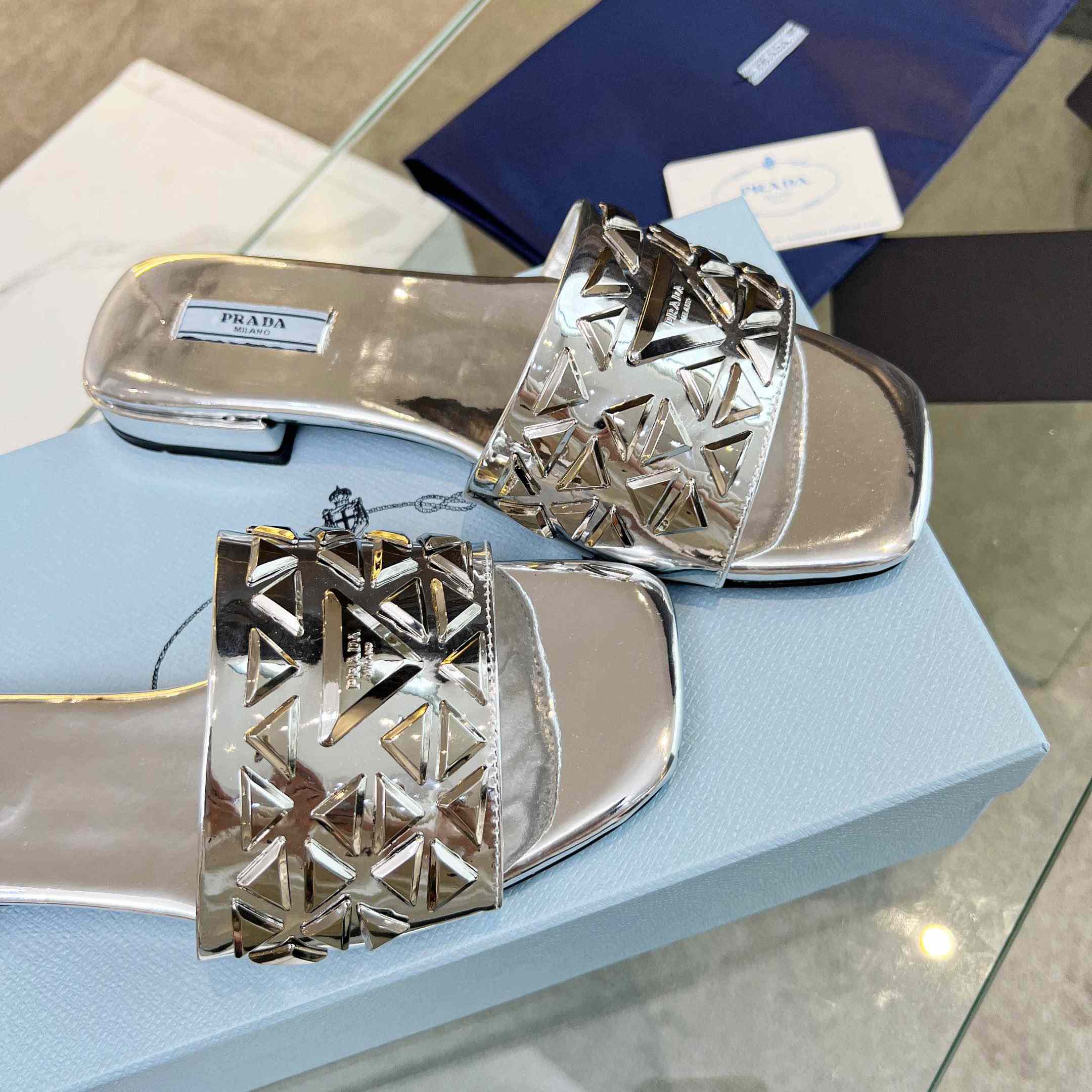 Prada Studded Metallic Leather Slides - DopestKickz