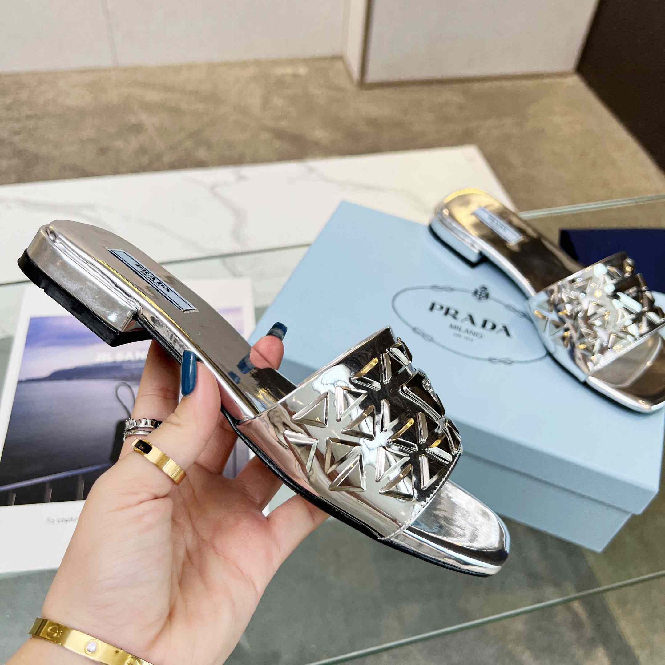 Prada Studded Metallic Leather Slides - DopestKickz